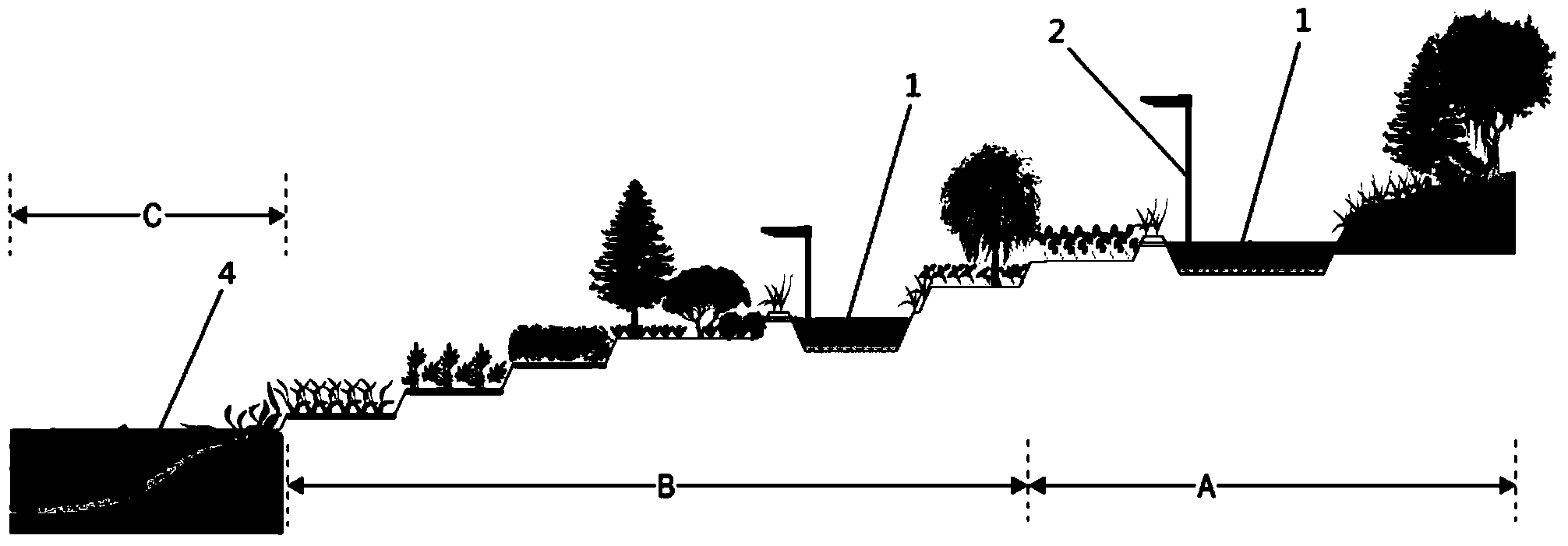 Terrace pond construction method and terrace pond structure applicable to hydro-fluctuation belt water bay slope