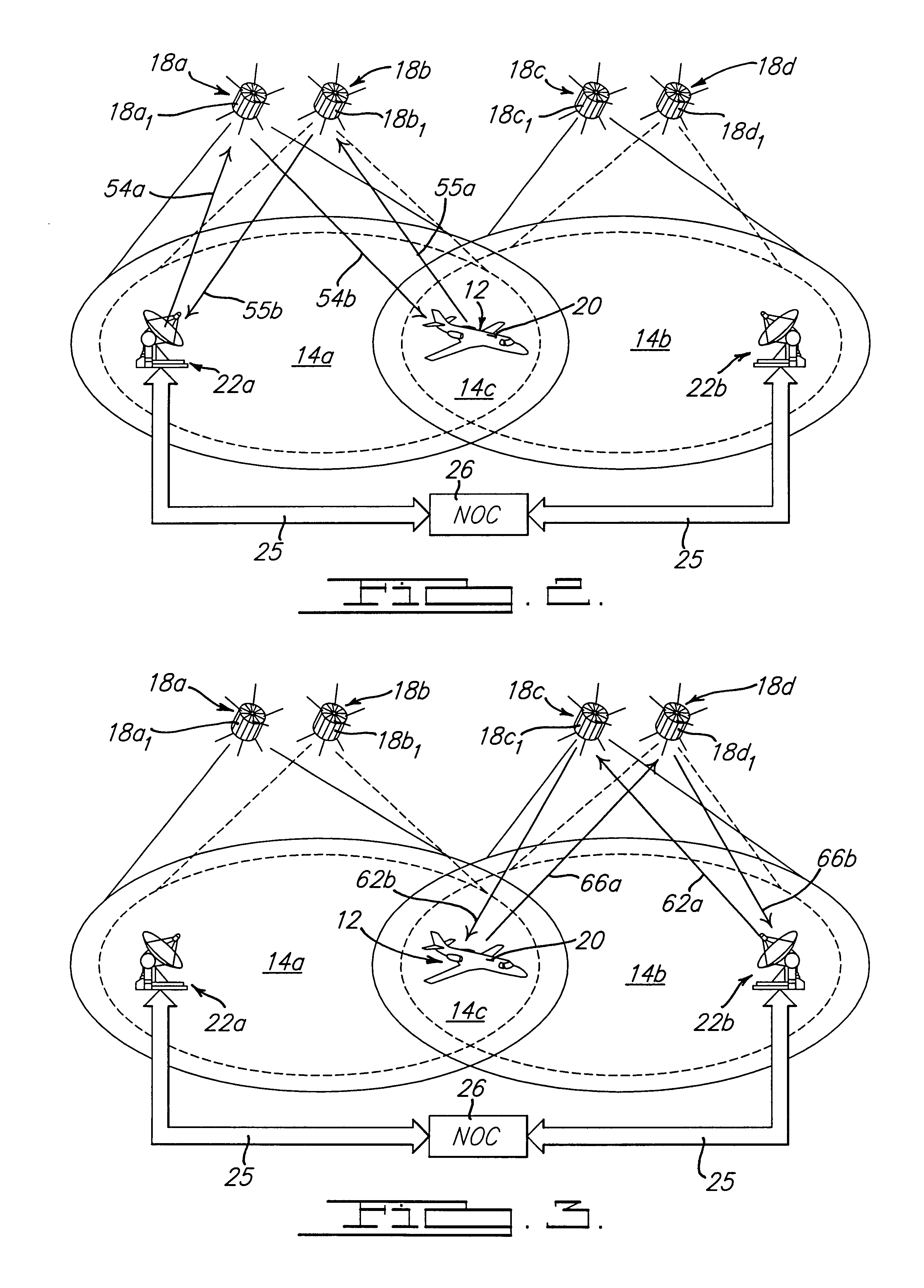 Precoordination of return link for hand-off between coverage areas being traversed by a mobile transceiver platform