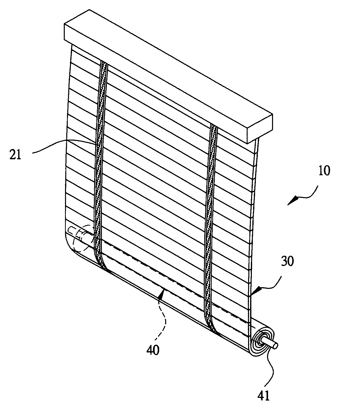 Collapsing and securing device of lateral blinds