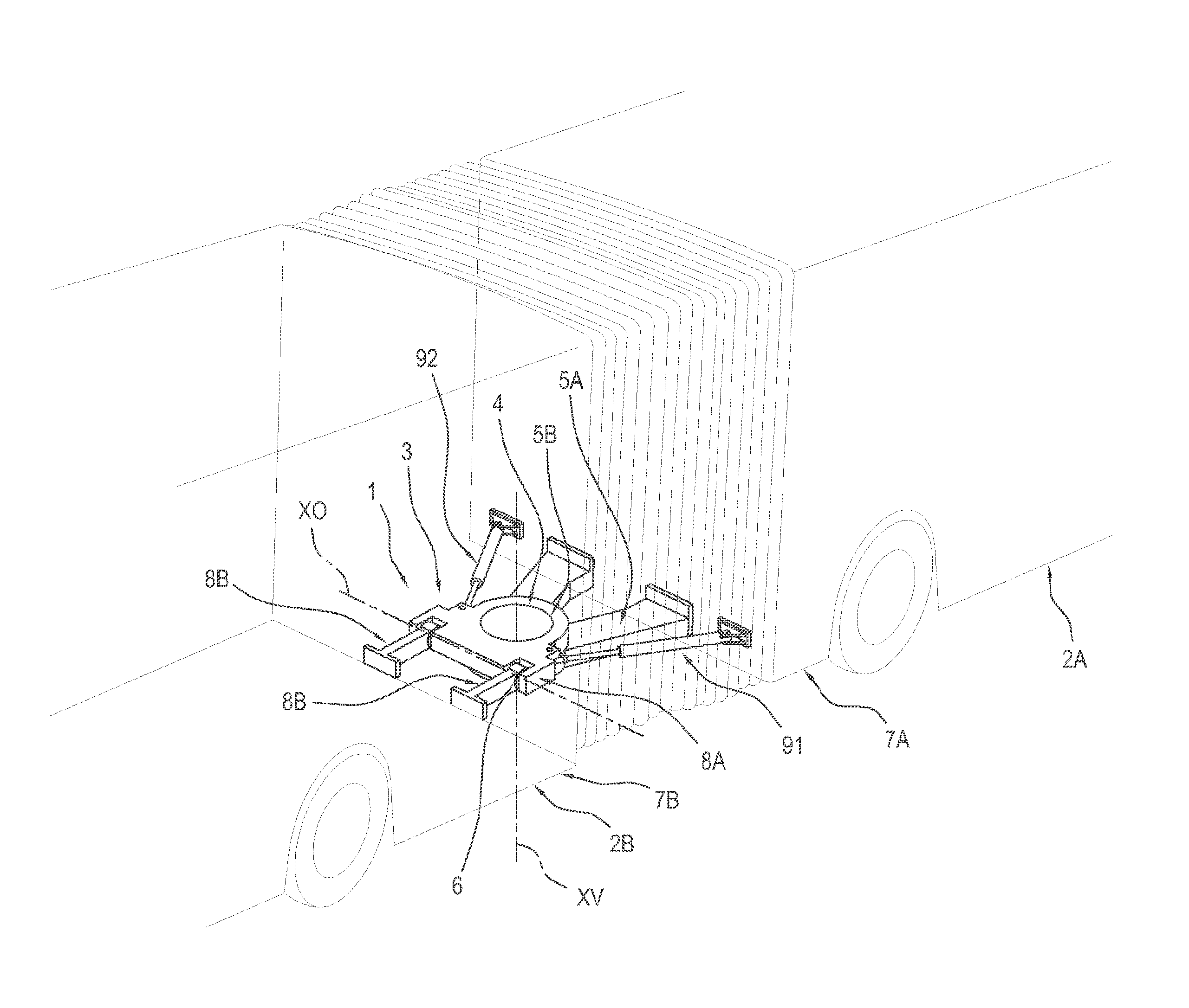 Device and method for connecting a first and a second unit of an articulated vehicle