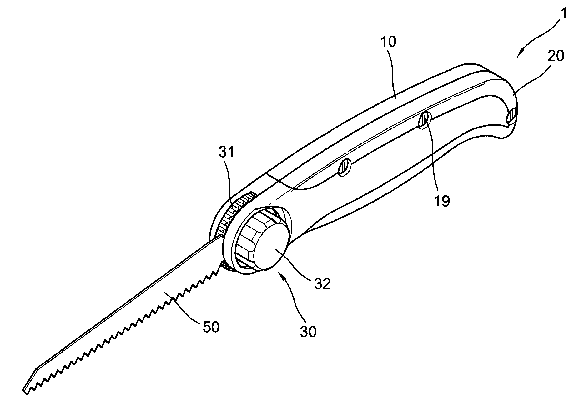 Angular adjustment device in the handle of a handsaw