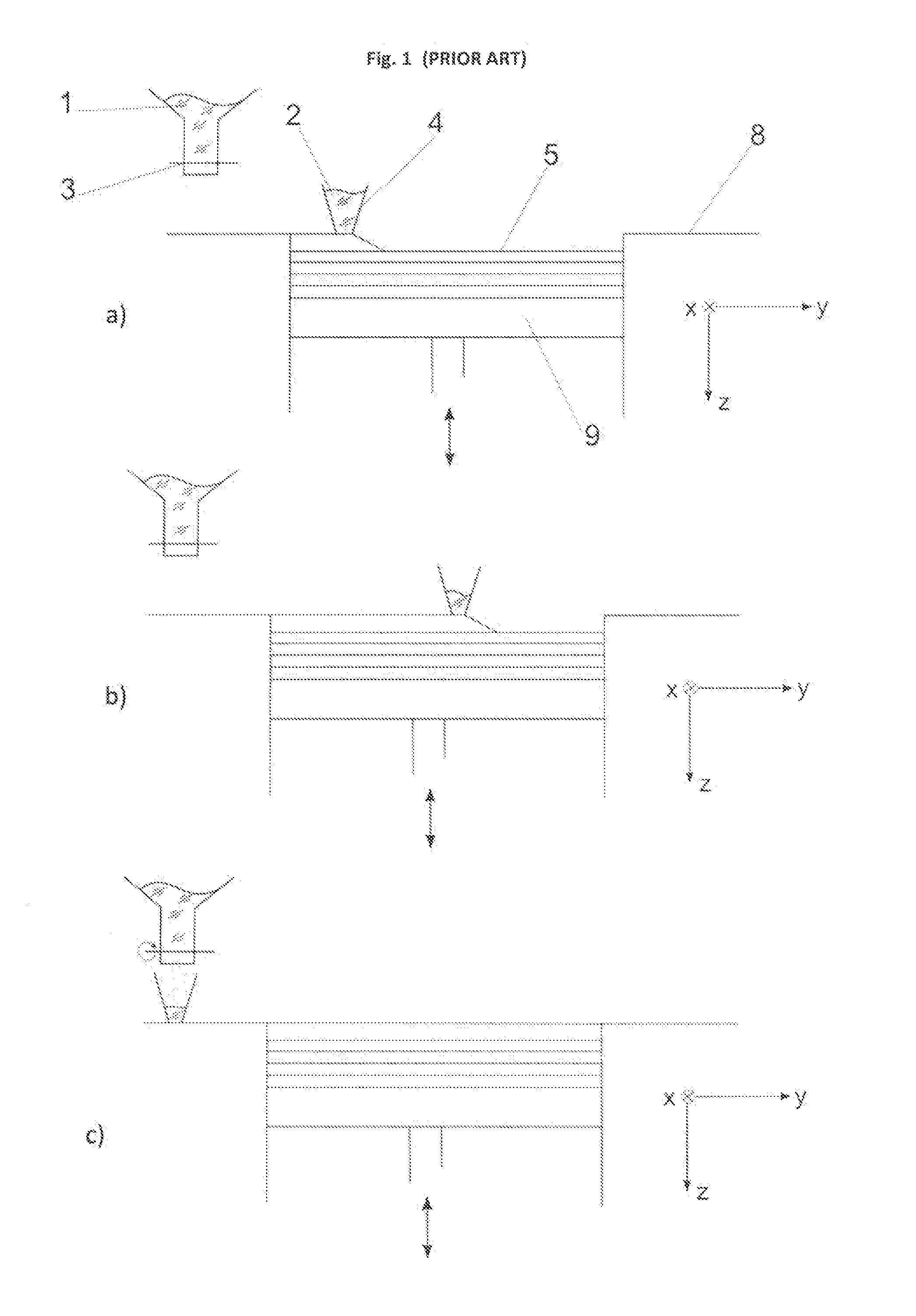 Method and device for conveying particulate material during the layer-wise production of patterns