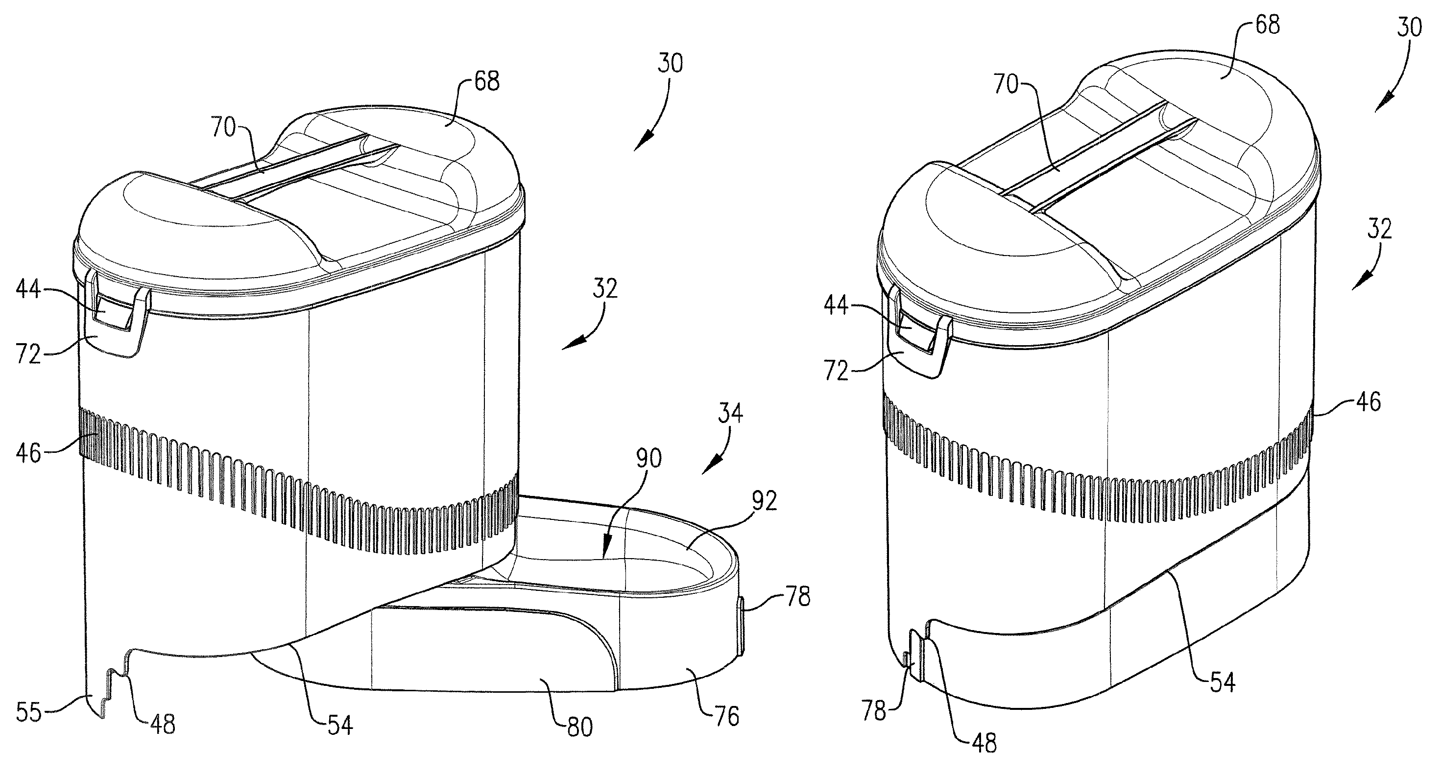 Pet water or food storage unit with stowable bowl