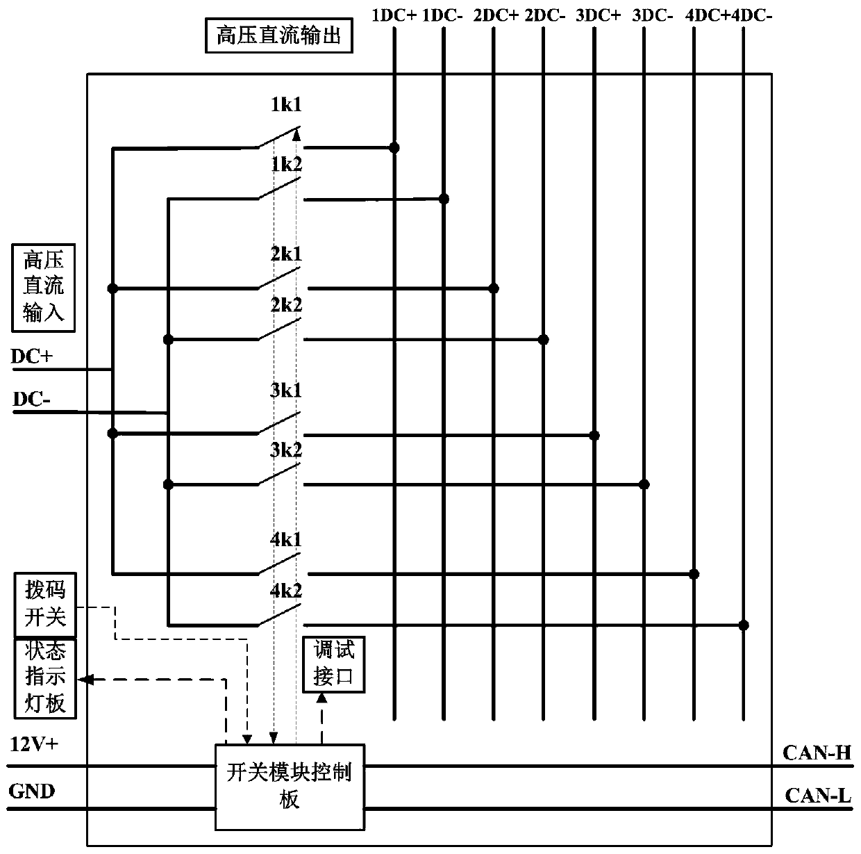 Direct-current charging pile power distribution one-input four-output switch module device and control method