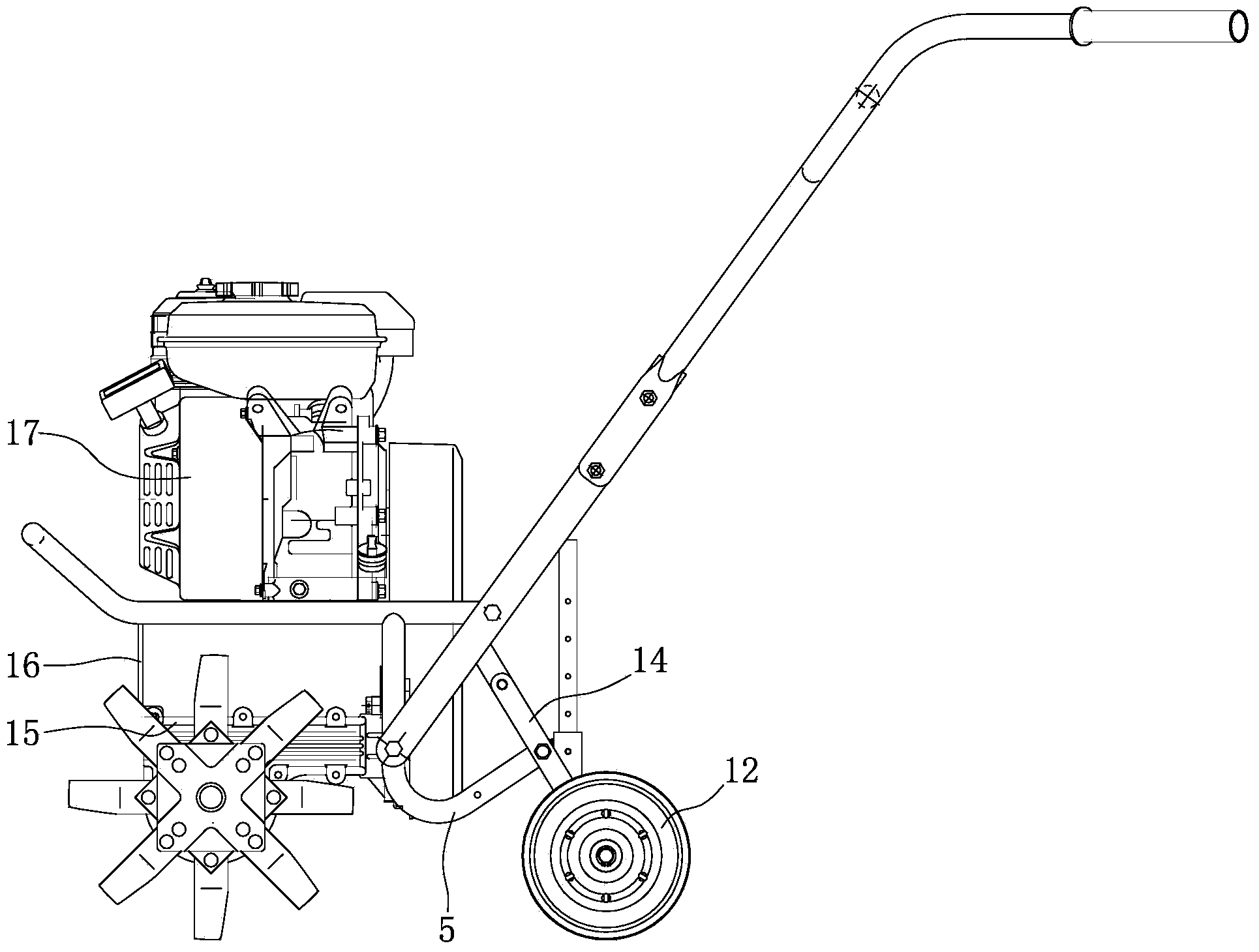 Portable mini tiller rear wheel assembly engine and screw transmission box arrangement structure