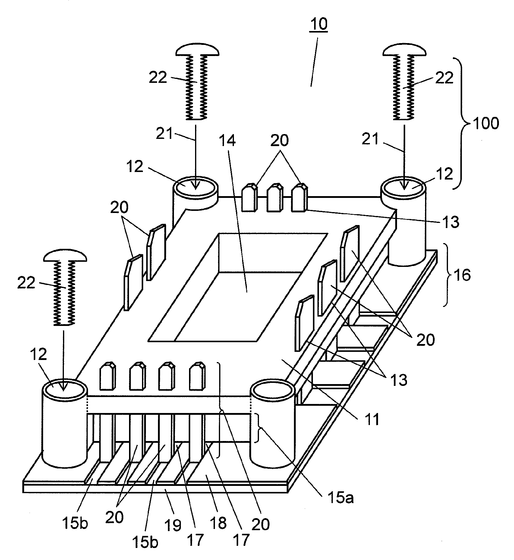 Heat dissipating structure base board, module using heat dissipating structure base board, and method for manufacturing heat dissipating structure base board