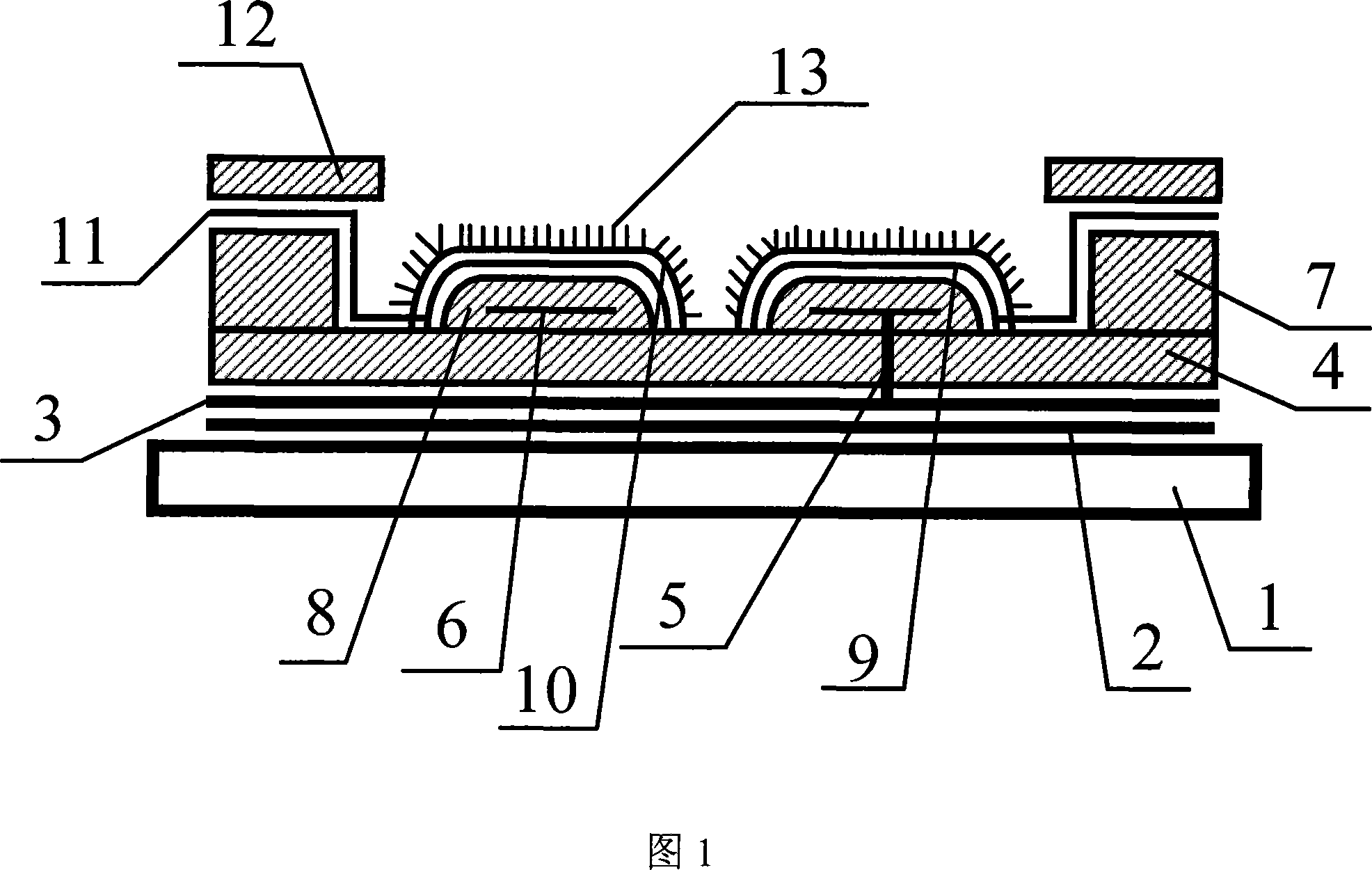 Planar display device with circular internal-grid controlled cathode structure and its production