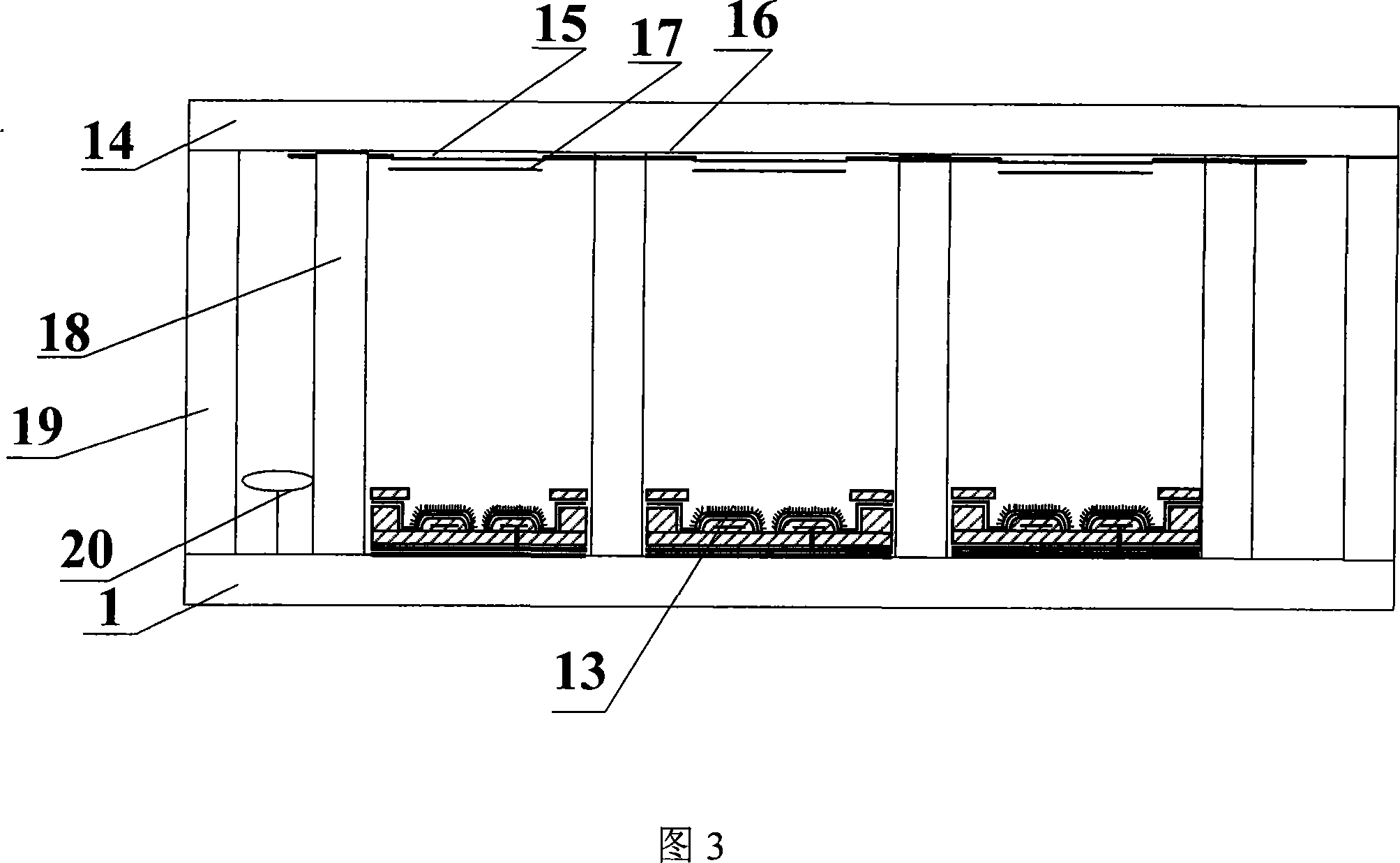 Planar display device with circular internal-grid controlled cathode structure and its production