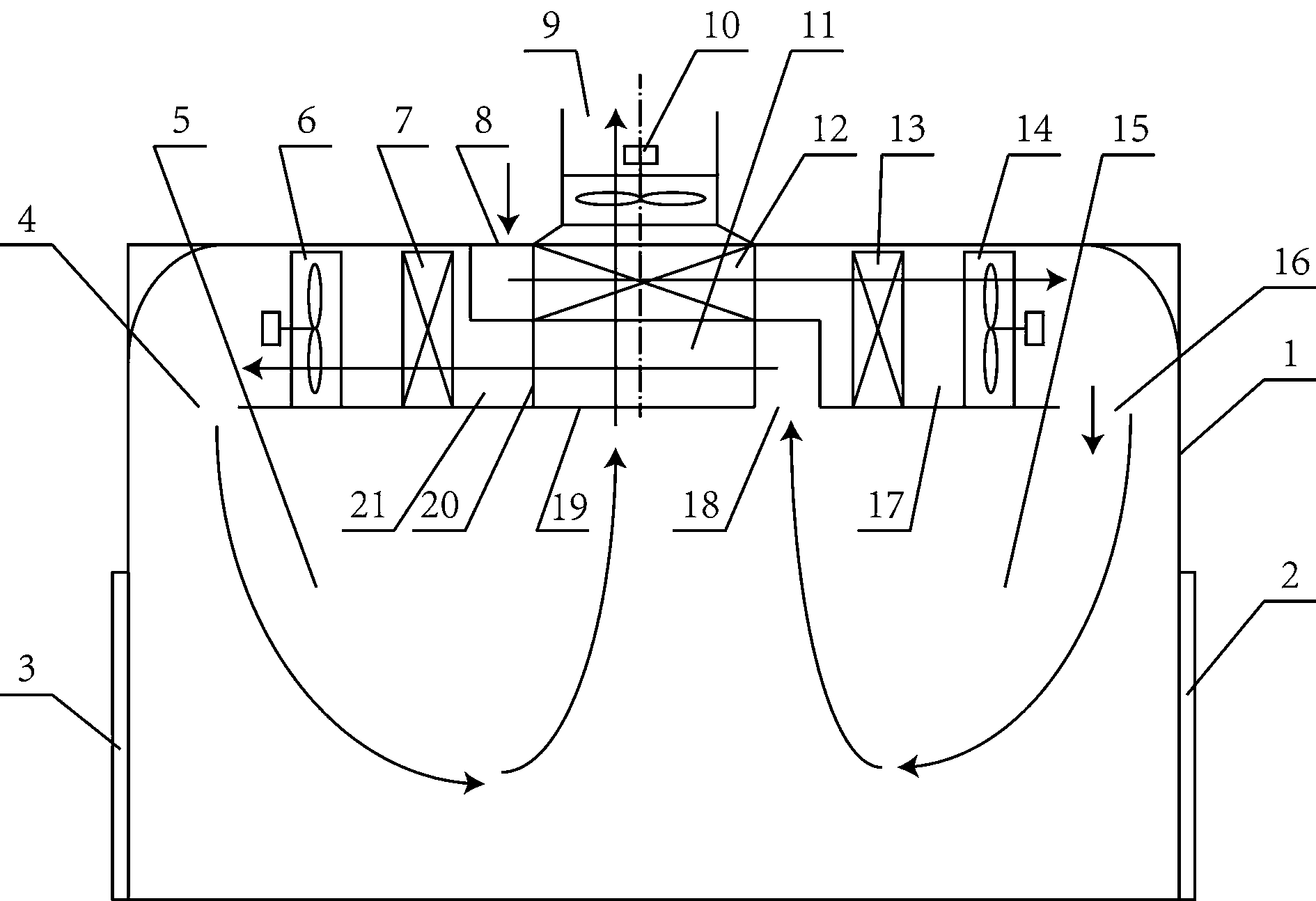 Drying tunnel achieving reheating and pressurizing of circulating air