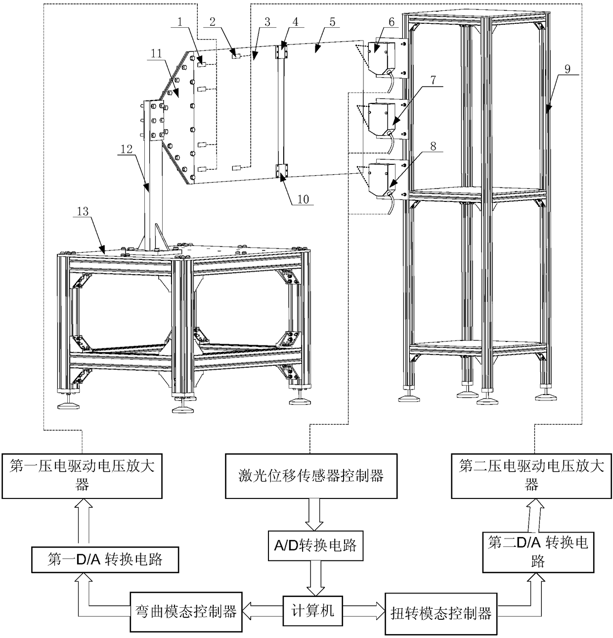 Vibration control device and method for hinged plate based on multi-laser displacement sensor