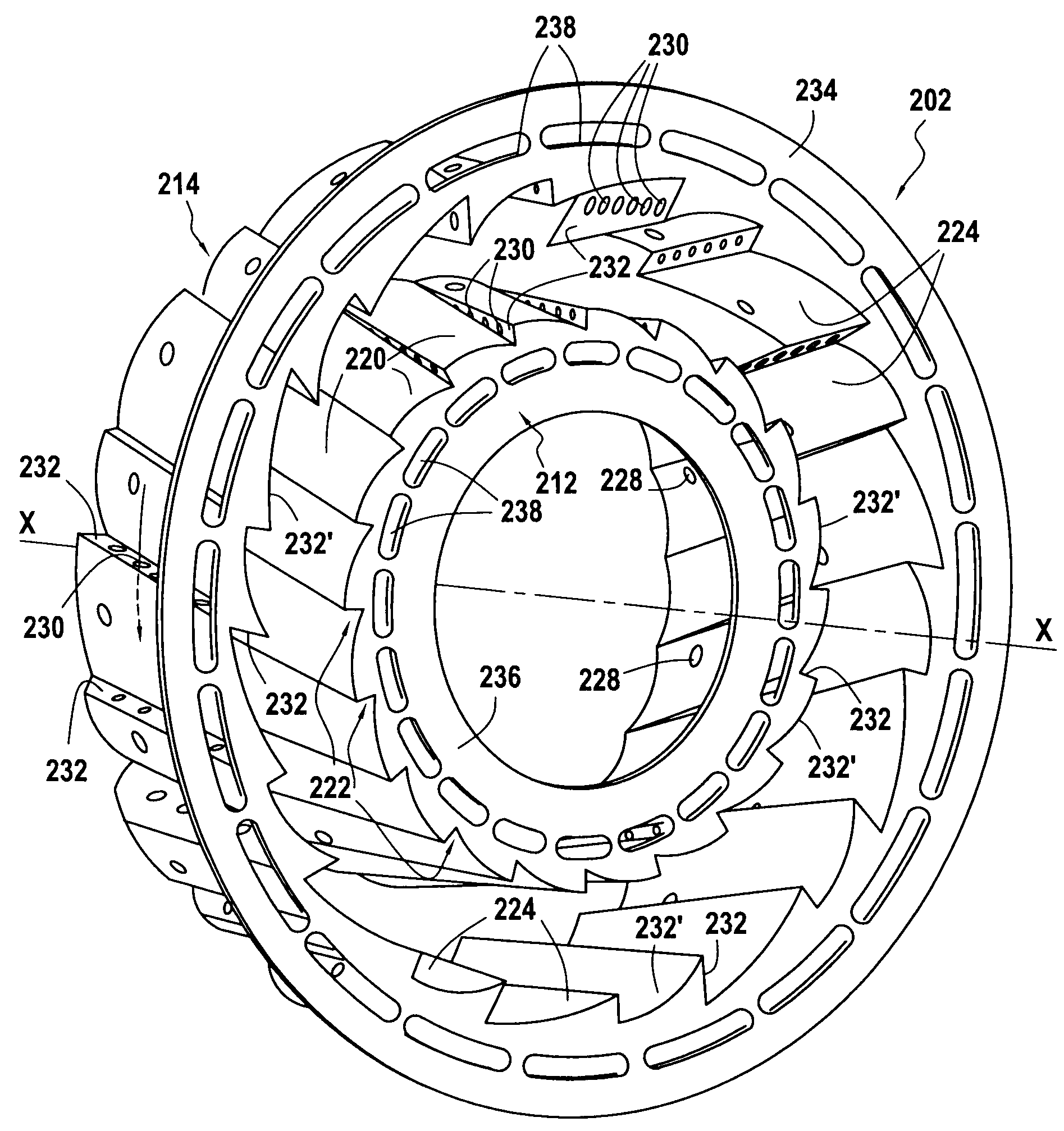 Turbomachine combustion chamber with helical air flow