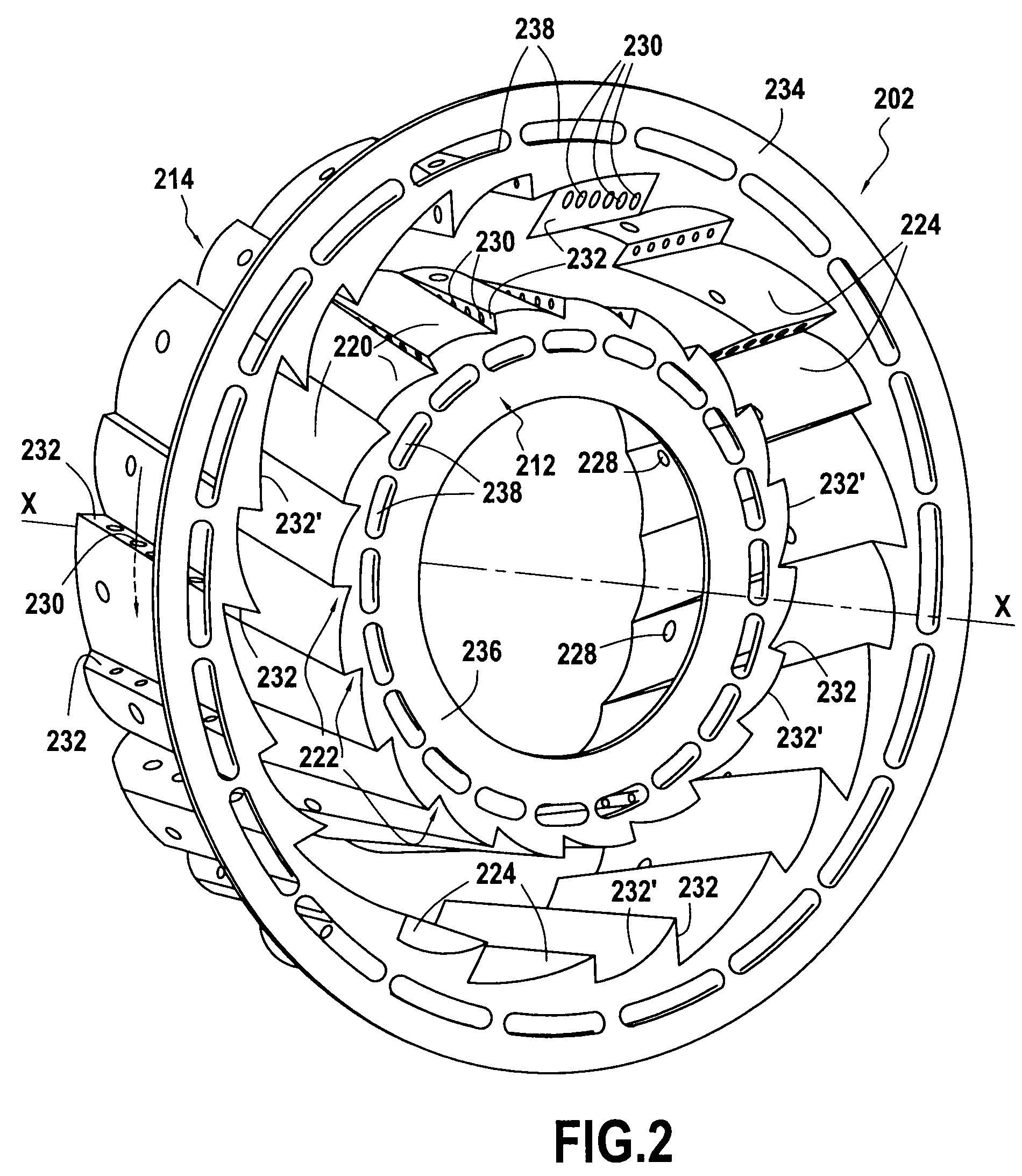 Turbomachine combustion chamber with helical air flow