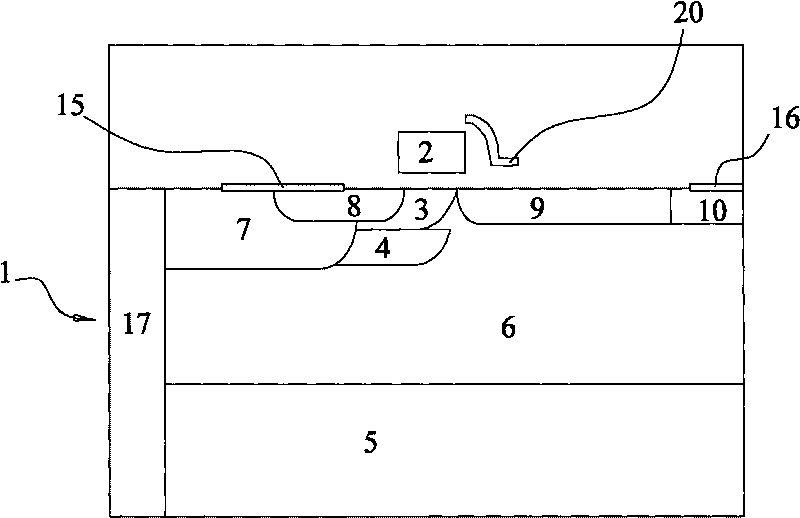 LDMOS device with transverse diffusing buried layer below grid