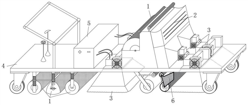 Three-microwave multi-wheel cooperative coiled material paving vehicle and paving method thereof