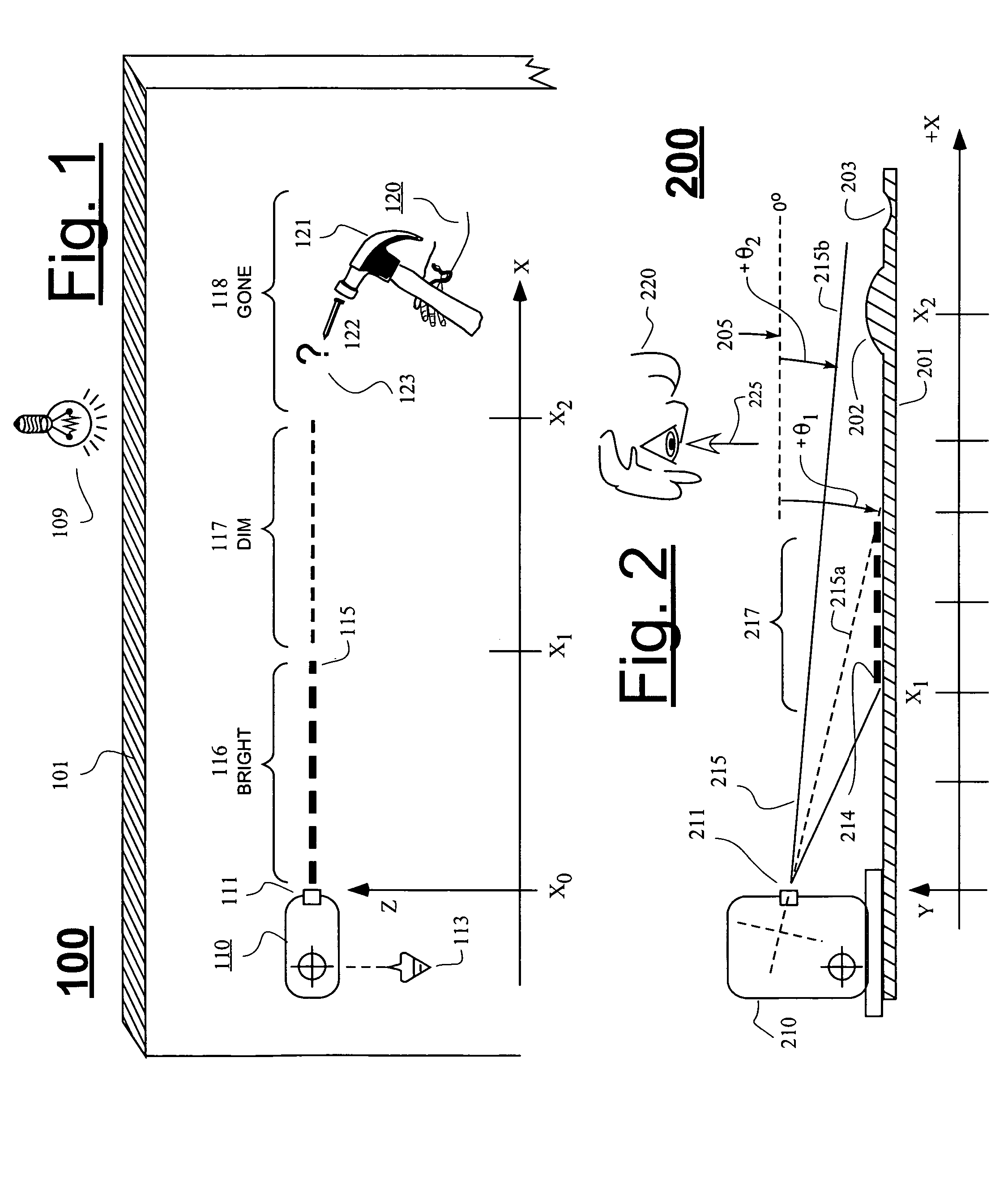 Methods and devices for enhancing intensity of on-surface lines cast by laser line projectors or the like