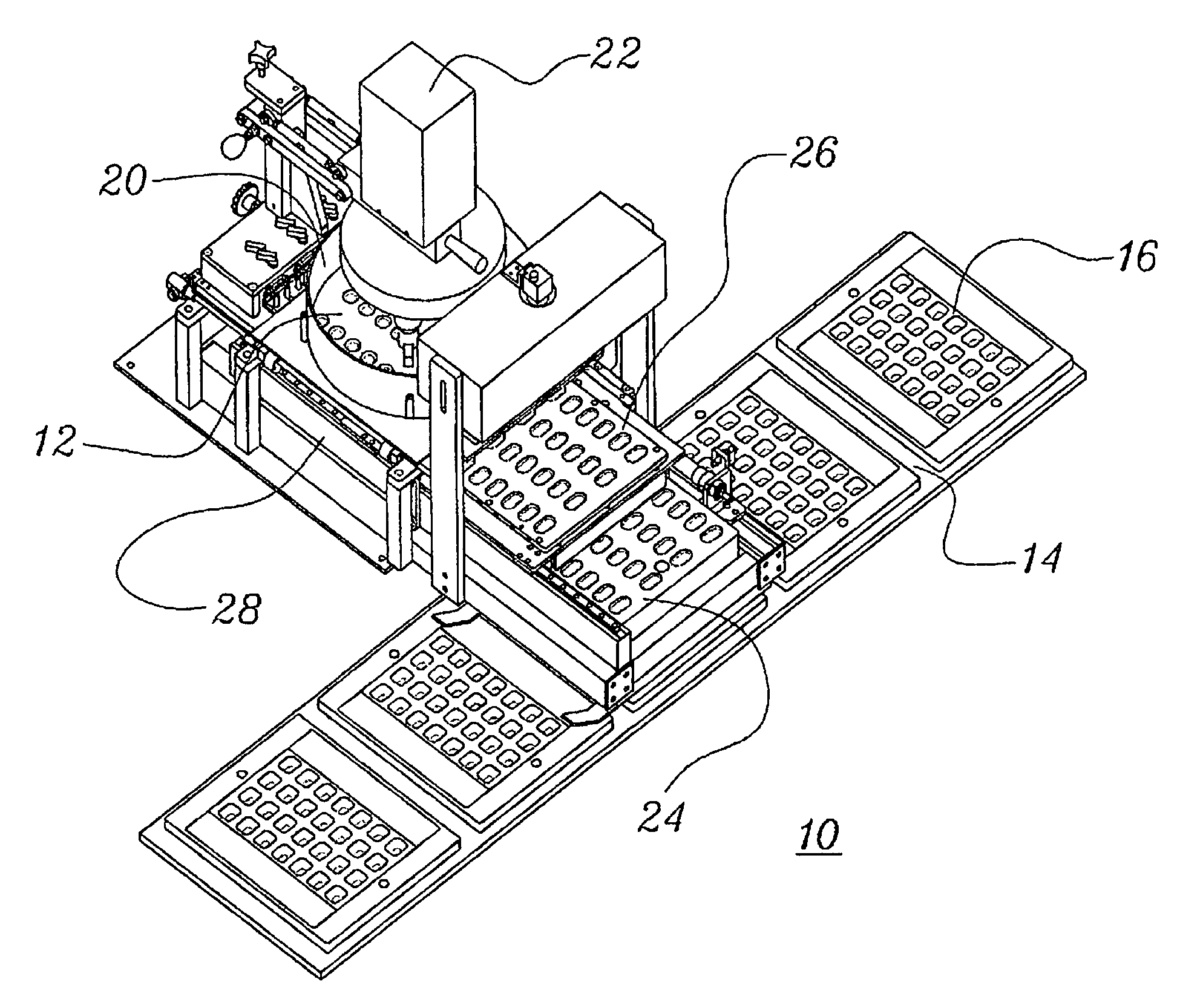 High speed automated filling of solid pharmaceutical product packaging via a conveyor system