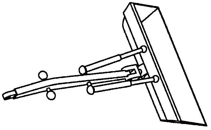 Spatial hydraulic loader with two-motion-range movable arm and two-motion-range scraper pan