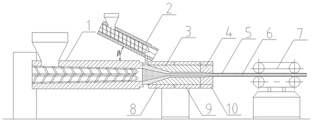 Continuous co-extrusion self-reinforcing equipment and continuous co-extrusion self-reinforcing method for biomass wood plastic foaming floor