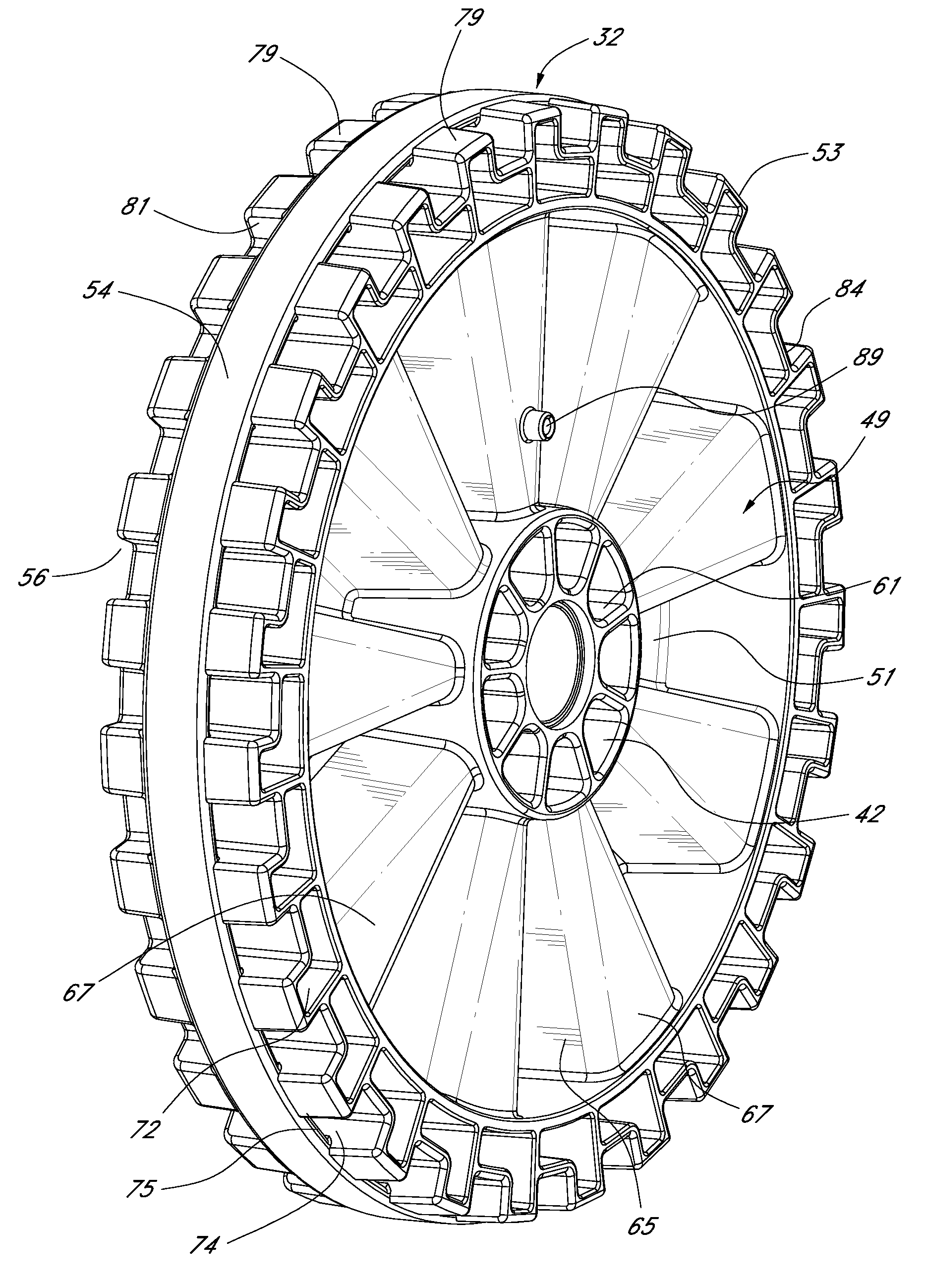 Injection-molded wheel having a plurality of recesses in a rim portion