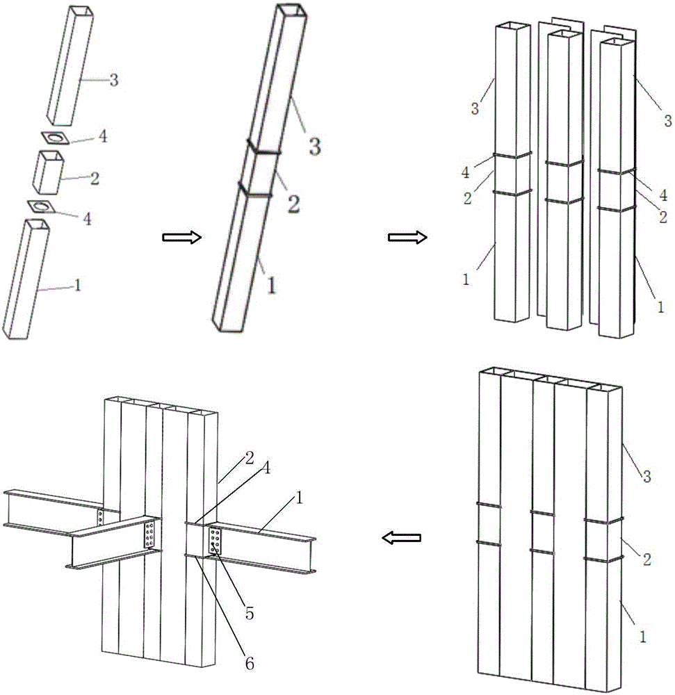 T-shaped through clapboard-type multi-chamber concrete filled steel tube combination column and steel beam joint and assembly method thereof