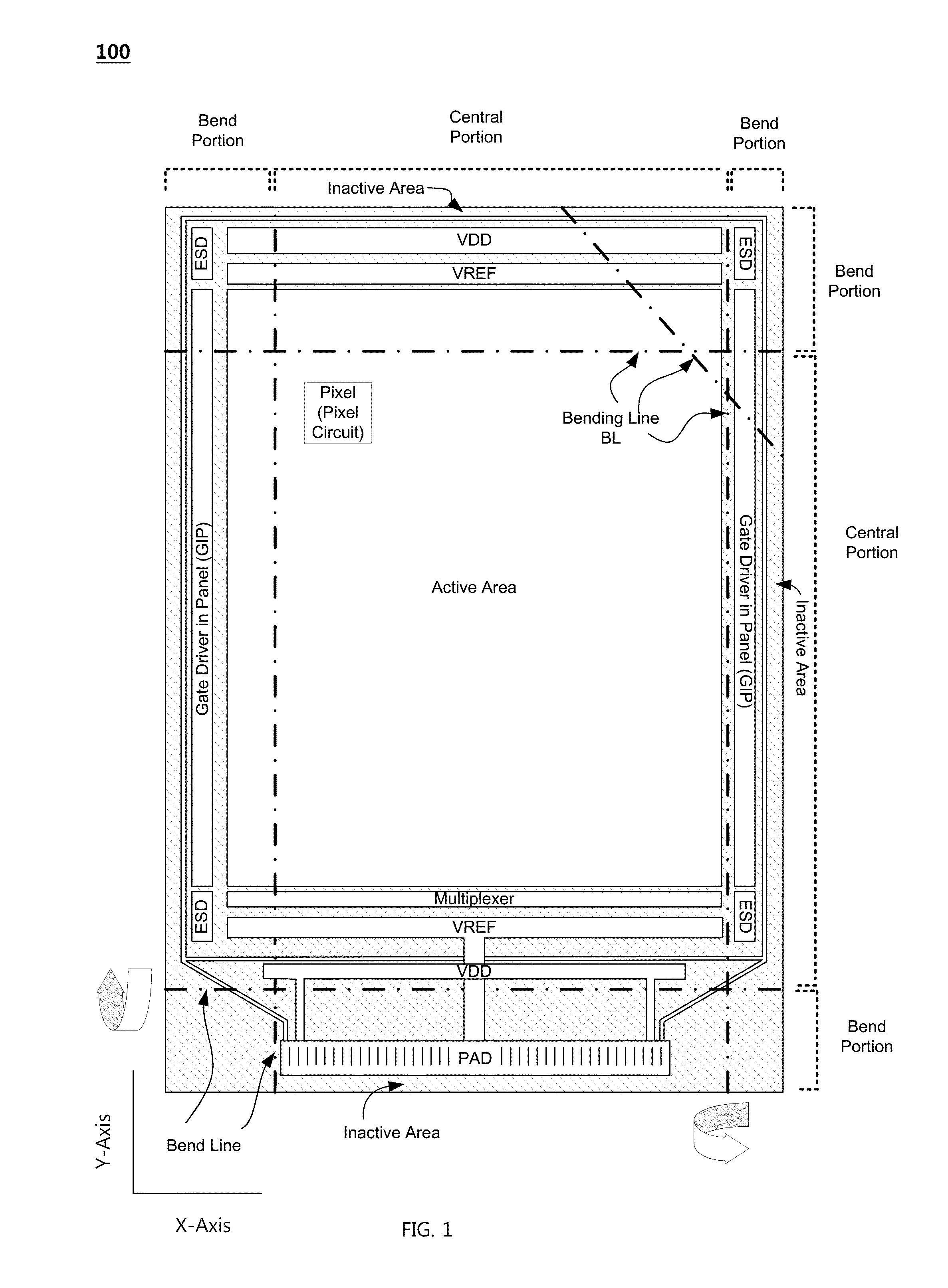 Flexible display device with divided power lines and manufacturing method for the same