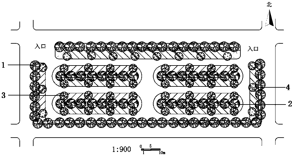 Arrangement of tree species and its energy-saving effect evaluation method in oblique tree-shaded parking lot