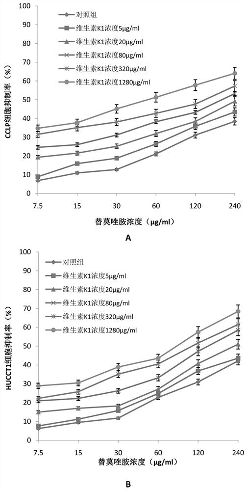 Application of drug combination of vitamin K1 and temozolomide in preparation of medicine for treating cholangiocarcinoma