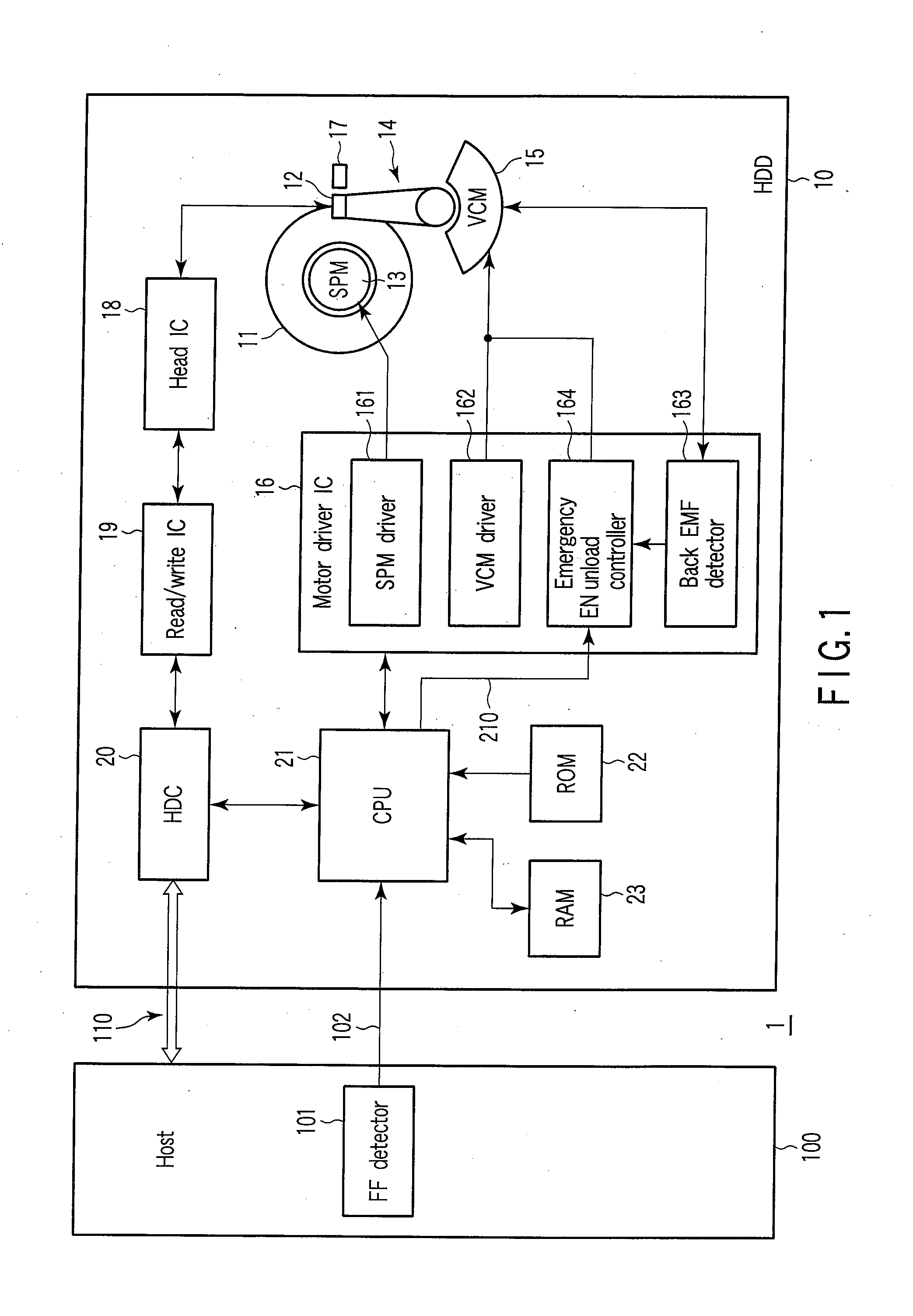 Disk drive installed in portable electronic device, and method of unloading a head when the electronic device falls