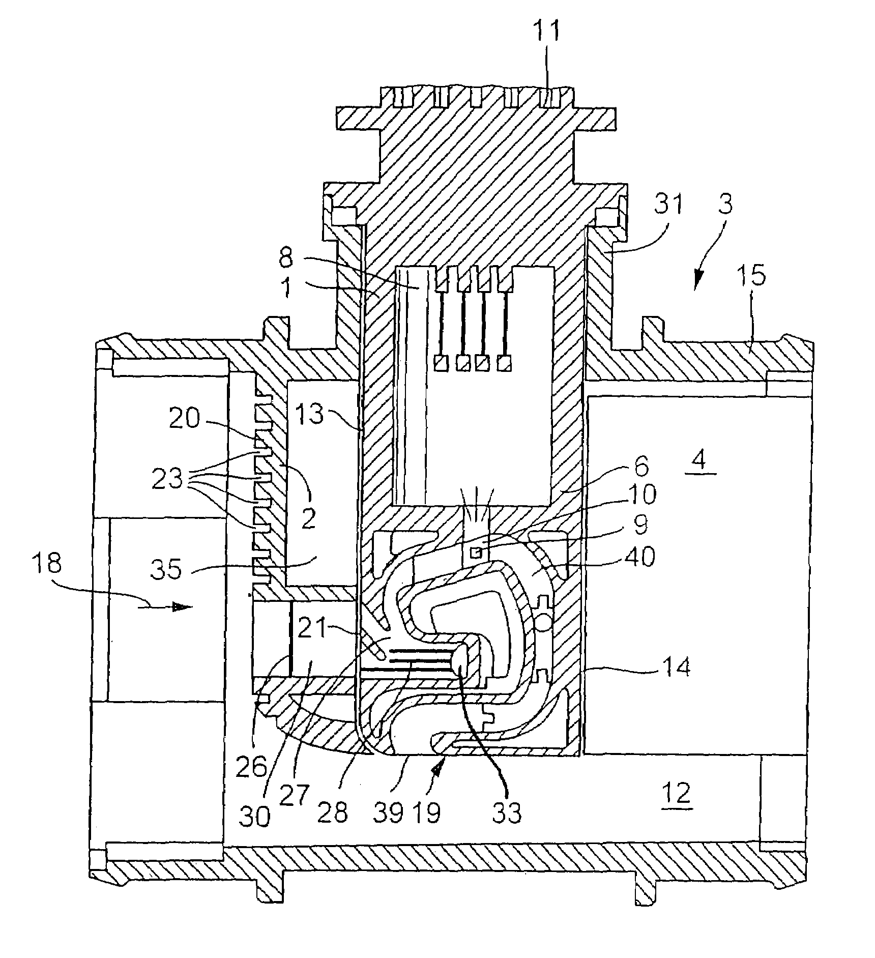 Device for determining at least one parameter of a medium flowing in a line having diversion surface