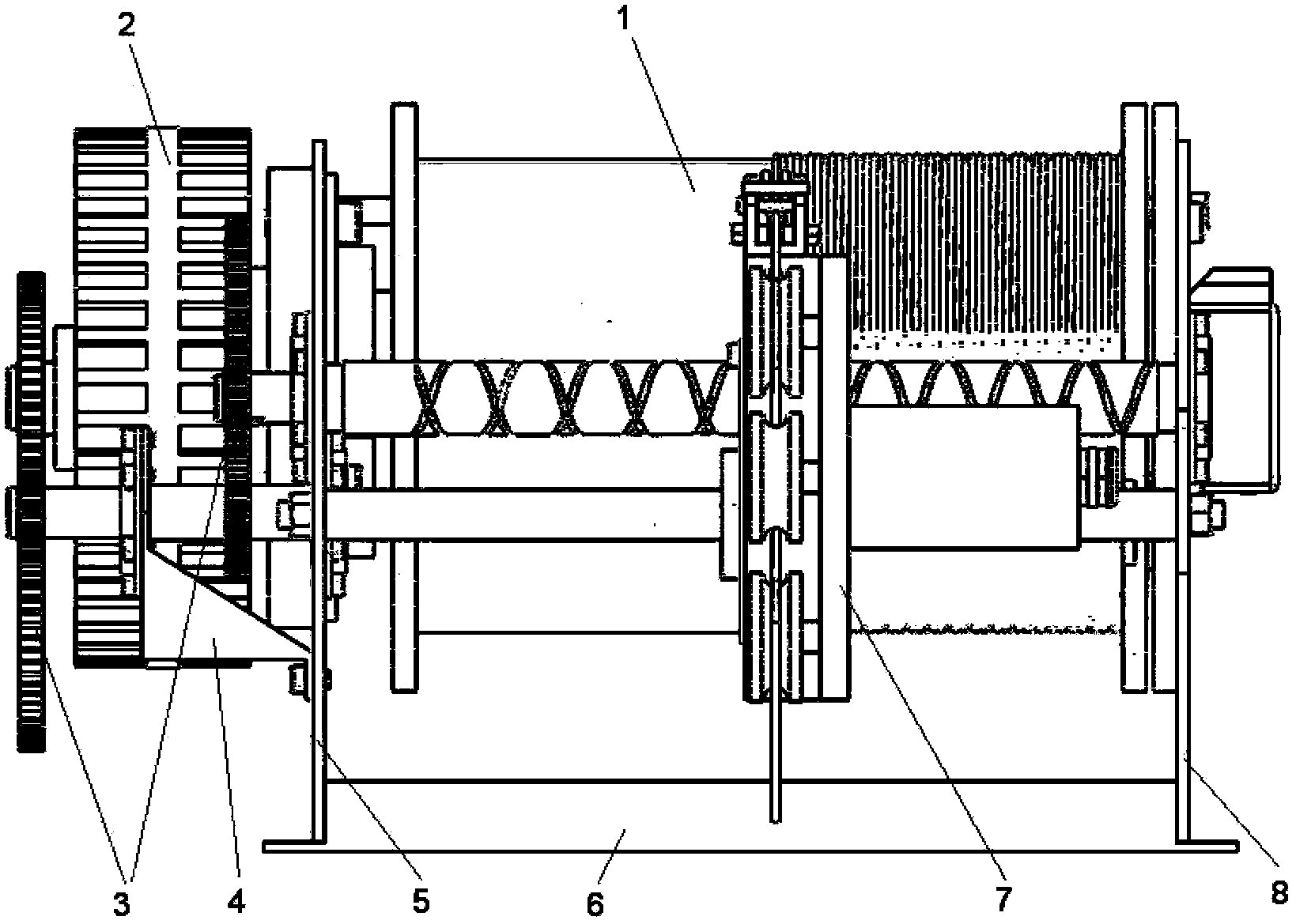 Rope coring and arranging winch with heavy hook falling freely