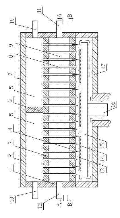 Vertical airflow type MOCVD (Metal-organic Chemical Vapor Deposition) spray head device with multiple gas mixing chambers