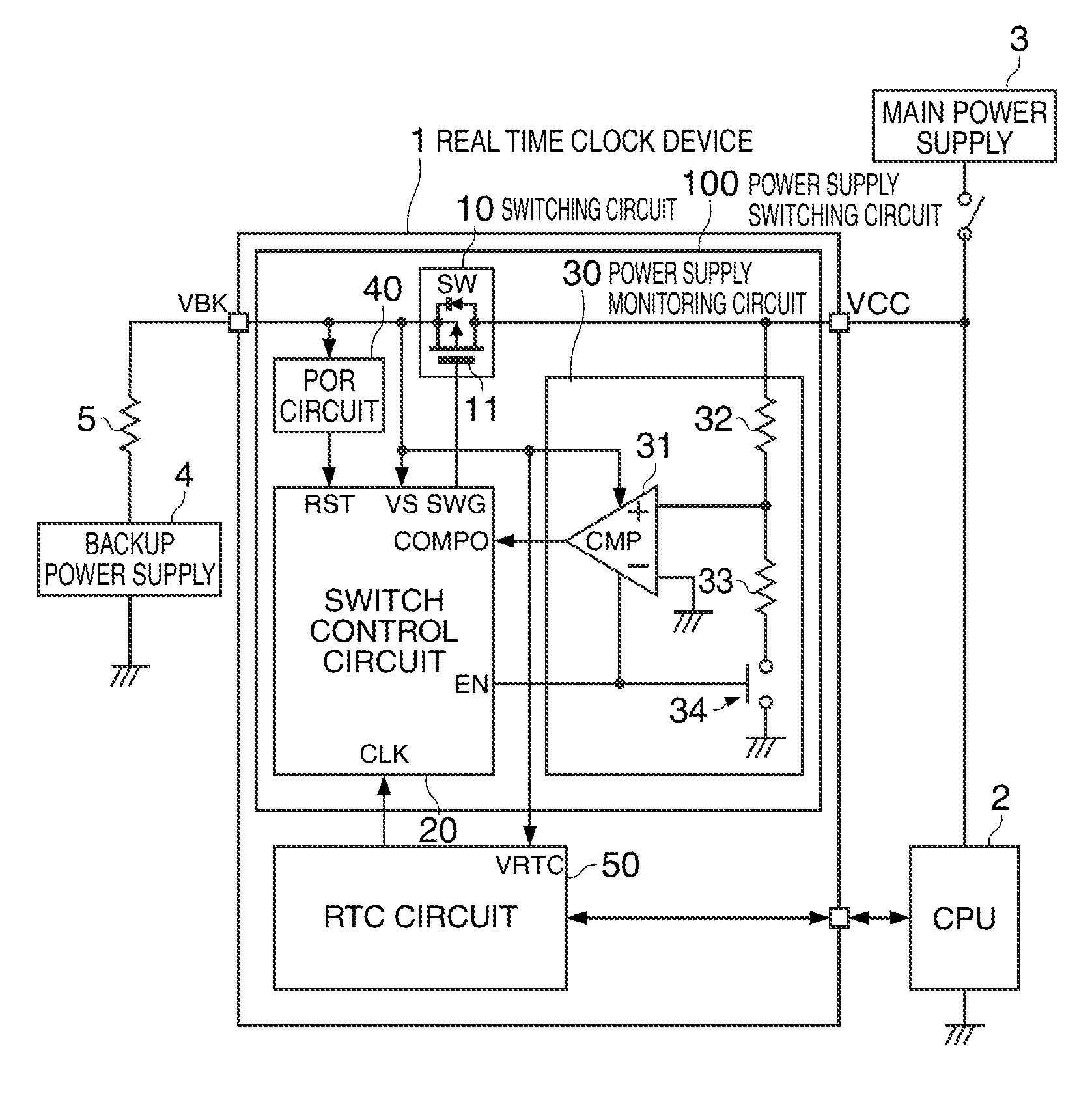 Power supply switching circuit, real time clock device, electronic apparatus, mobile unit, and method of controlling power supply switching circuit