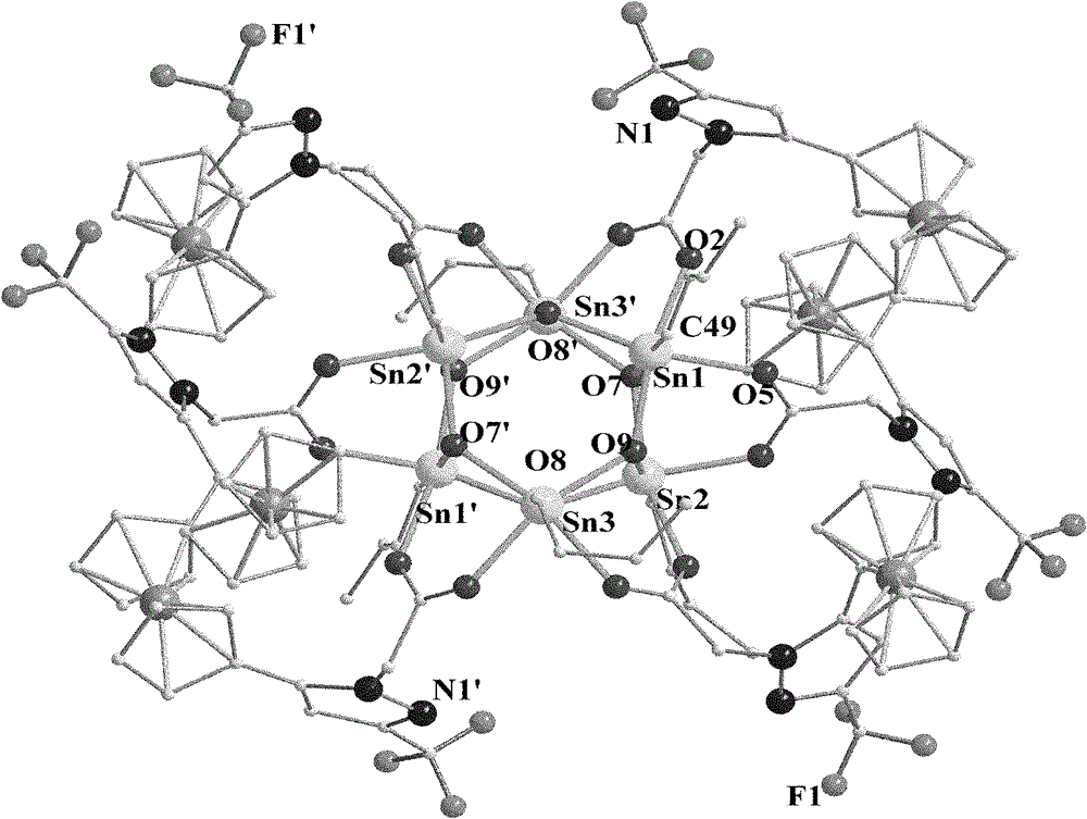 Organotin-oxygen cluster containing ferrocene pyrazole and application of cluster