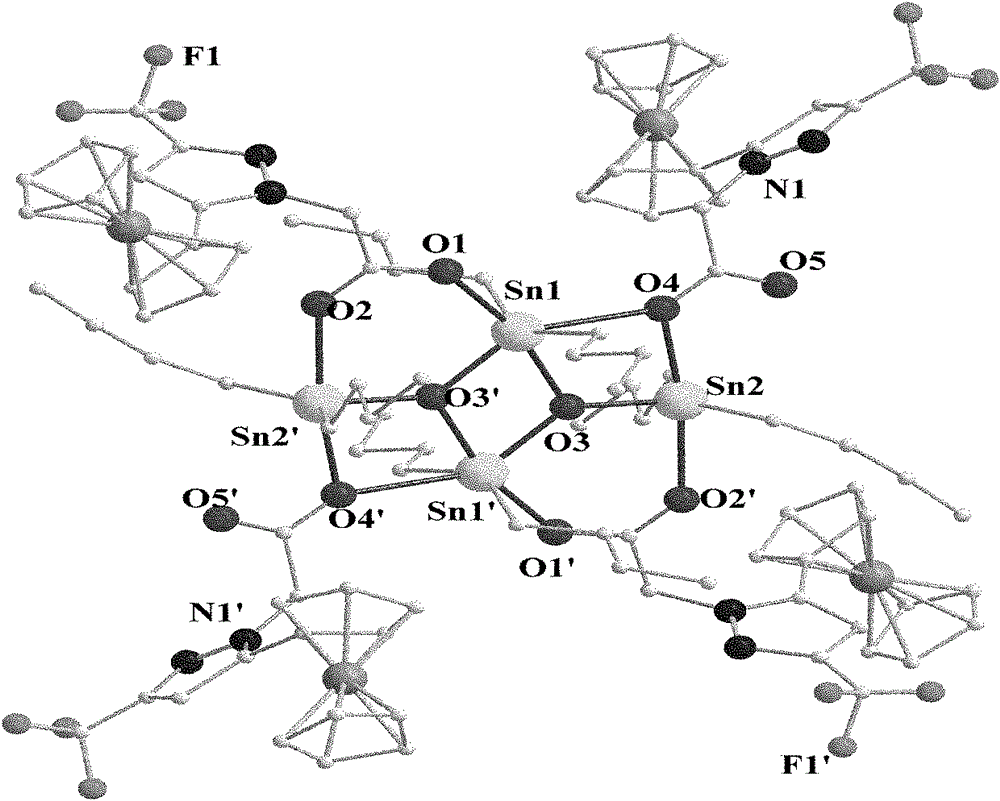 Organotin-oxygen cluster containing ferrocene pyrazole and application of cluster