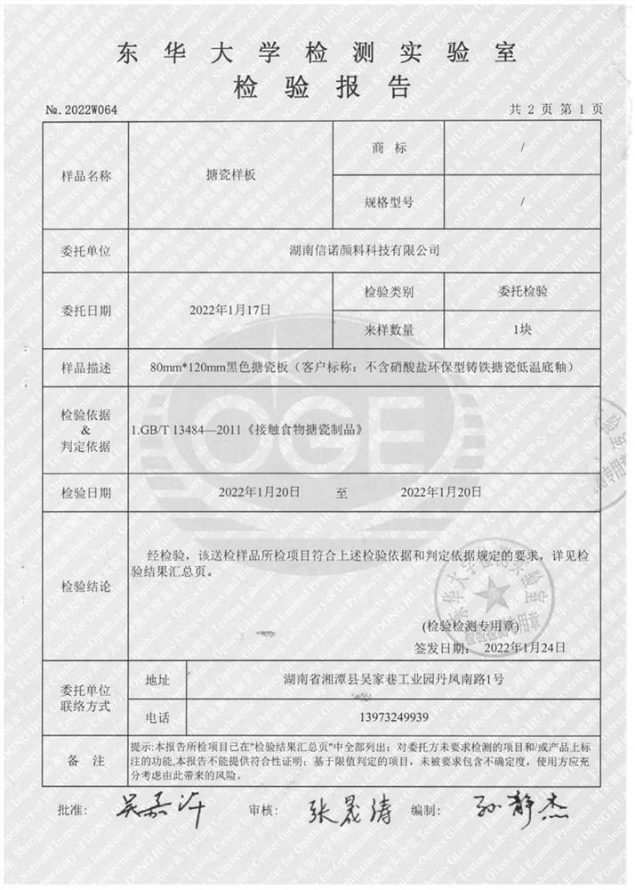 Nitrate-free environment-friendly cast iron enamel low-temperature ground coat and preparation method thereof