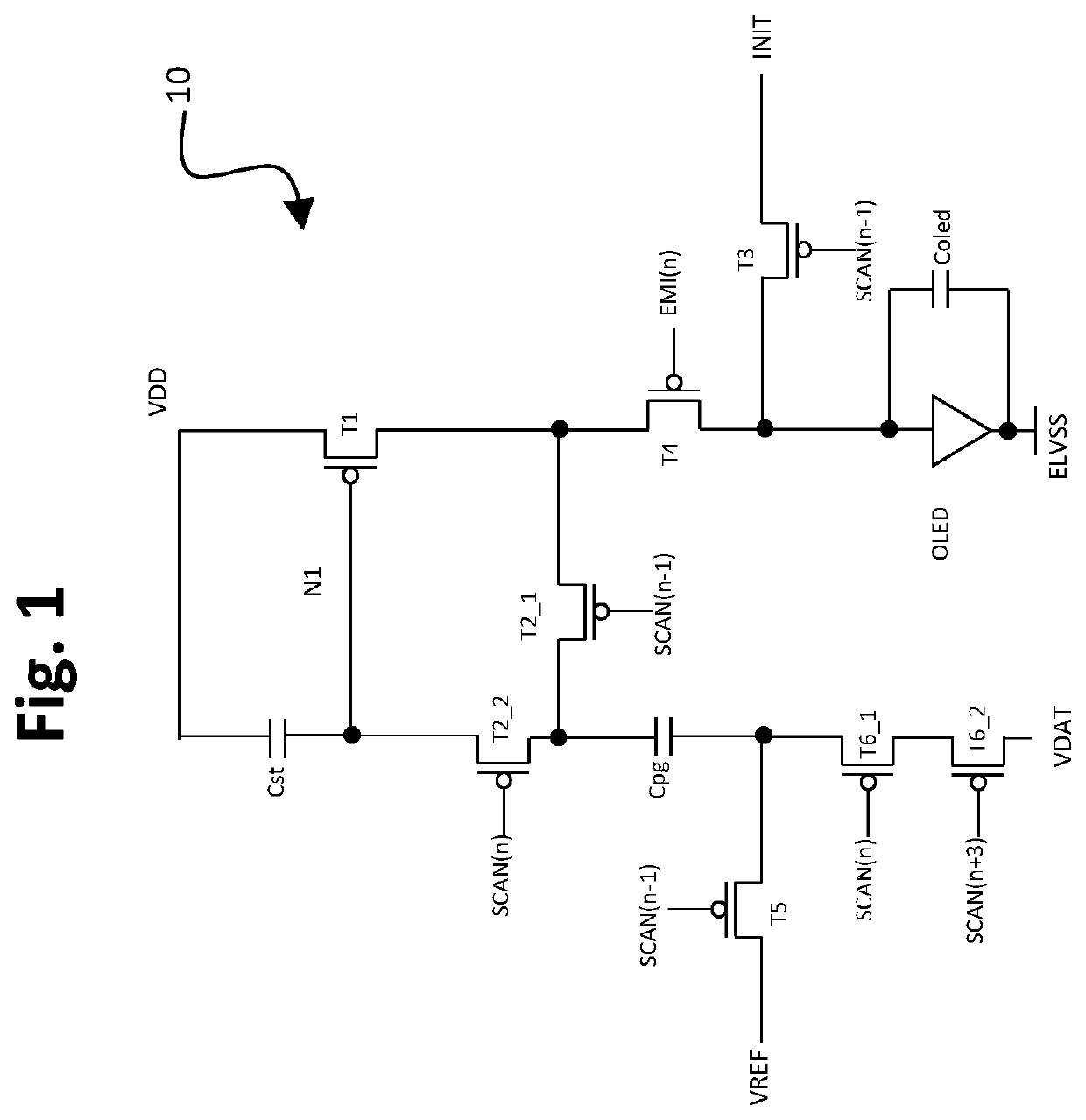 TFT pixel threshold voltage compensation circuit with short one horizontal time