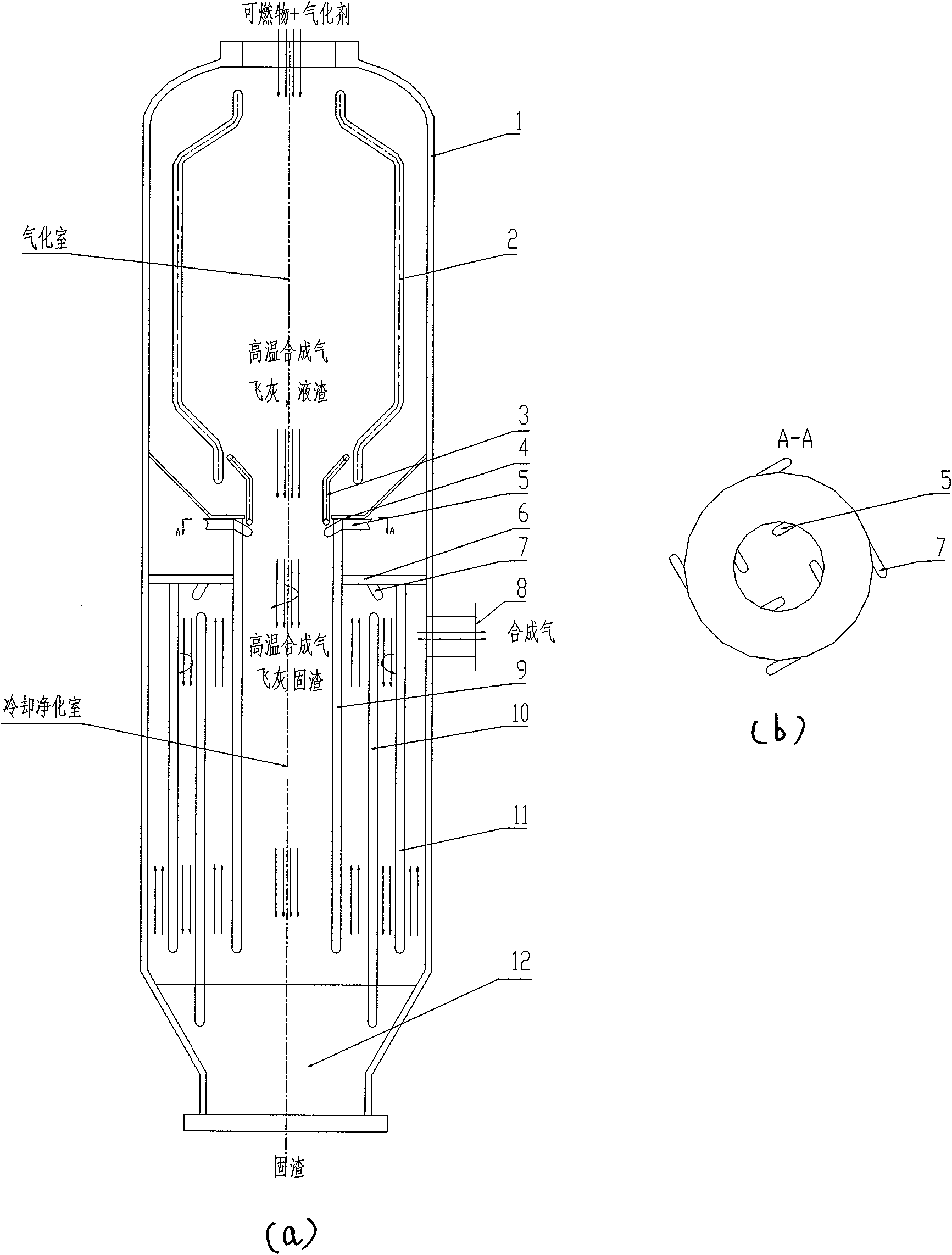 Gasification device for solid fuel and method for producing synthetic gas