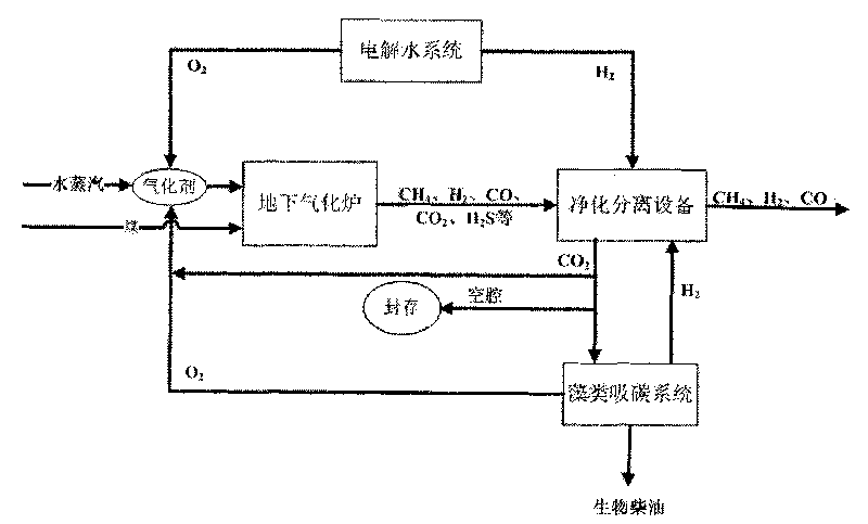 Underground gasification coal derived energy chemical product poly-generation system and method