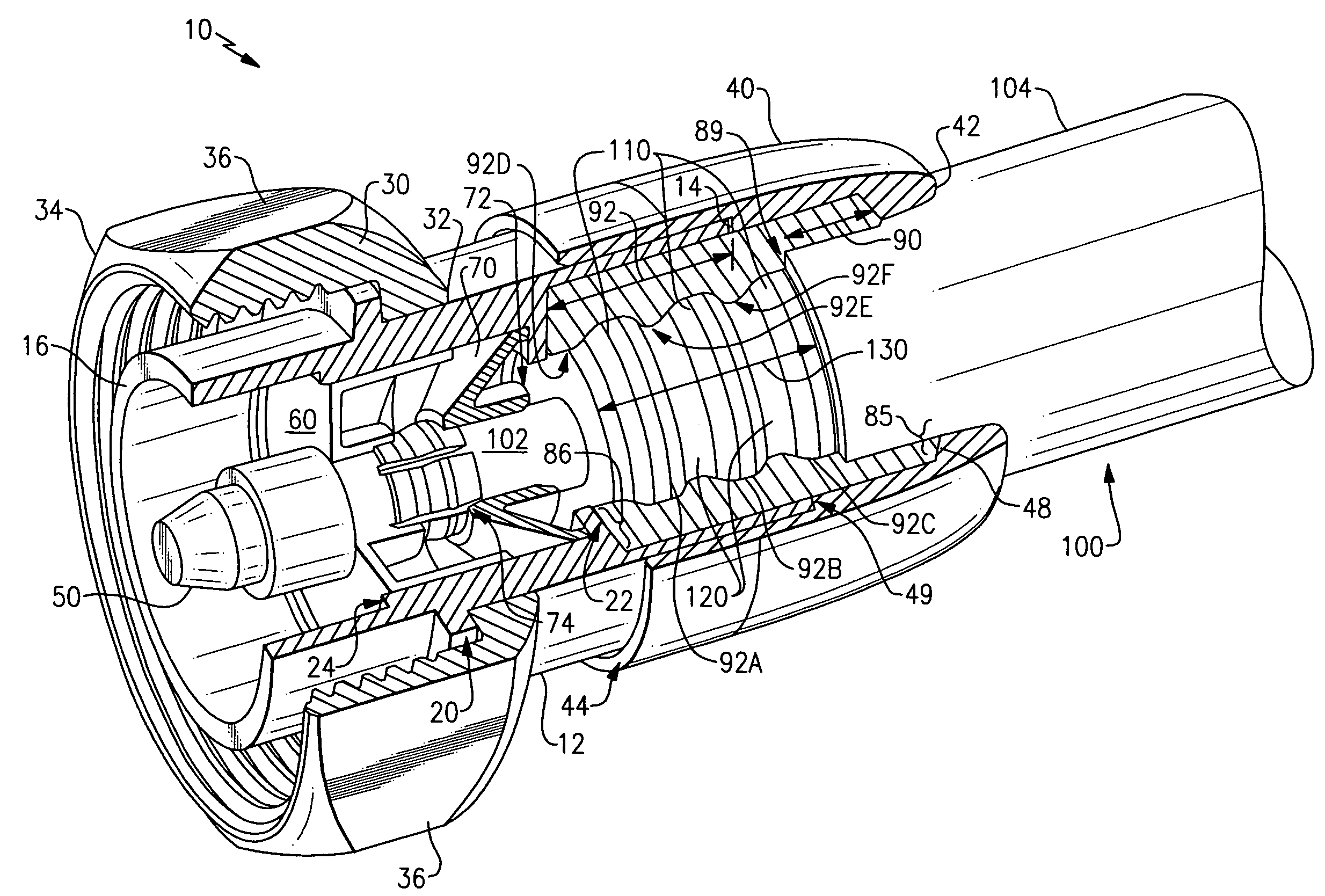 Compact compression connector with flexible clamp for corrugated coaxial cable