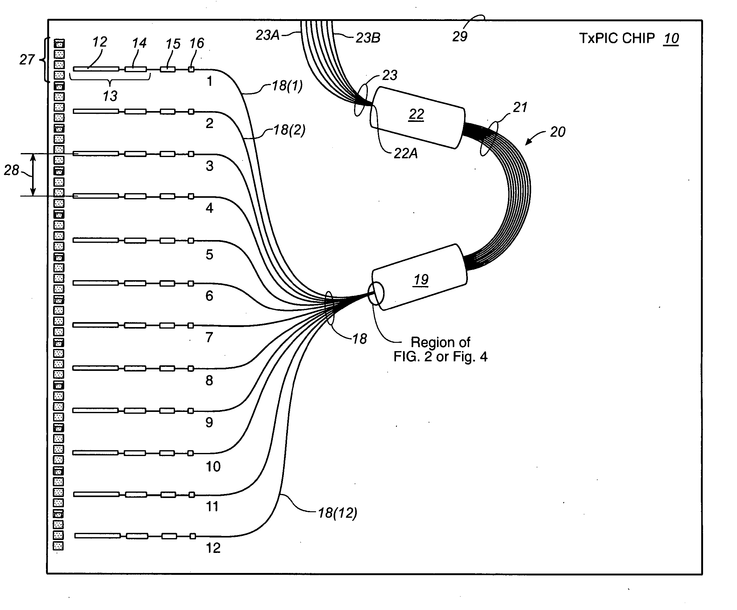 Tilted combiners/decombiners and photonic integrated circuit (PIC) employing the same