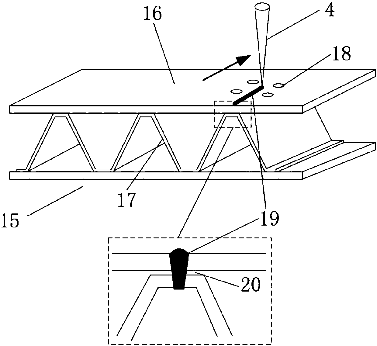 Metal sandwich plate laser welding mechanical type pressurizing device and use method