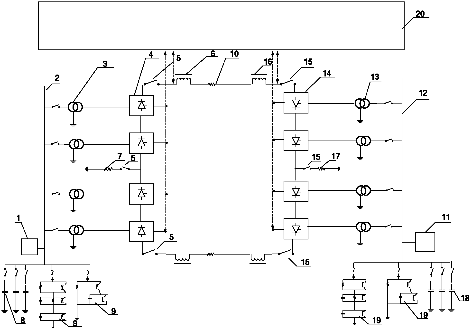 Modeling method for performing dynamic characteristic research on hybrid alternating current/direct current (AC/DC) transmission system