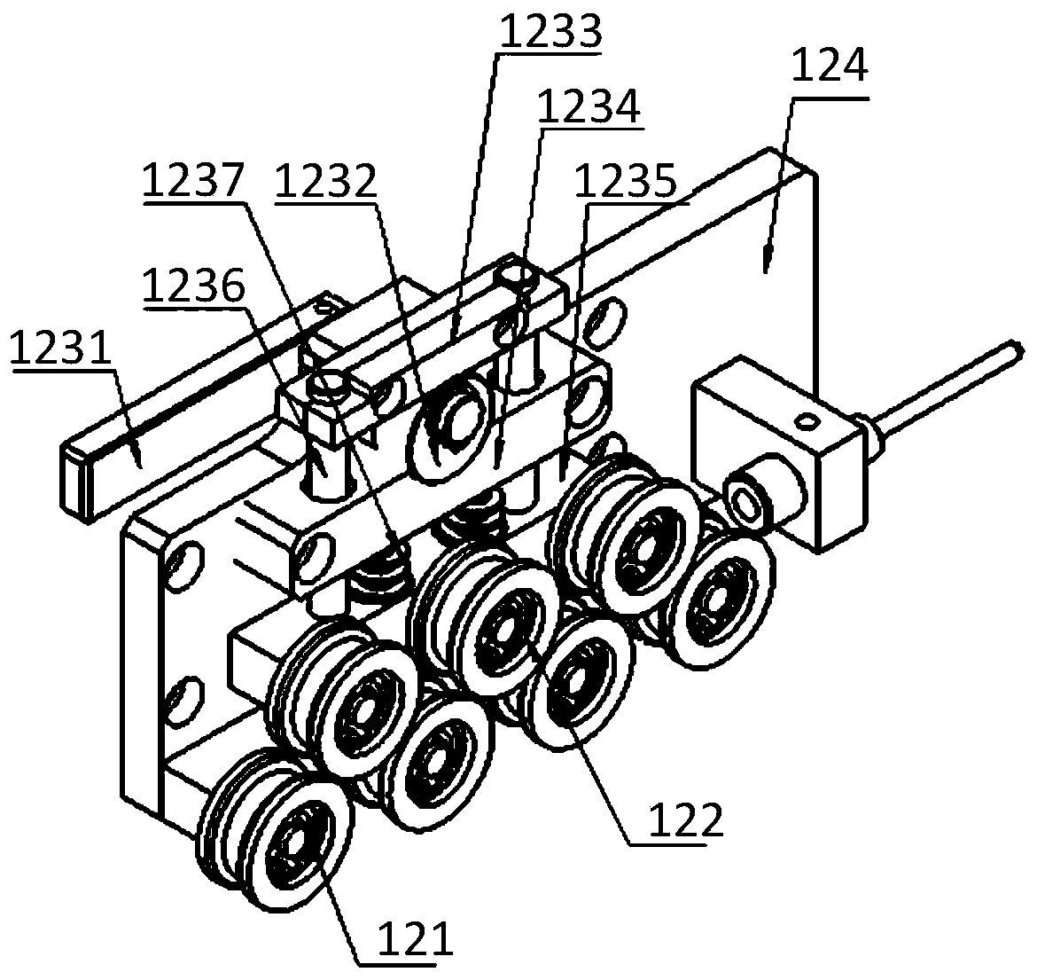 Shearing and wire tightening device for automatic tying equipment of wine jar