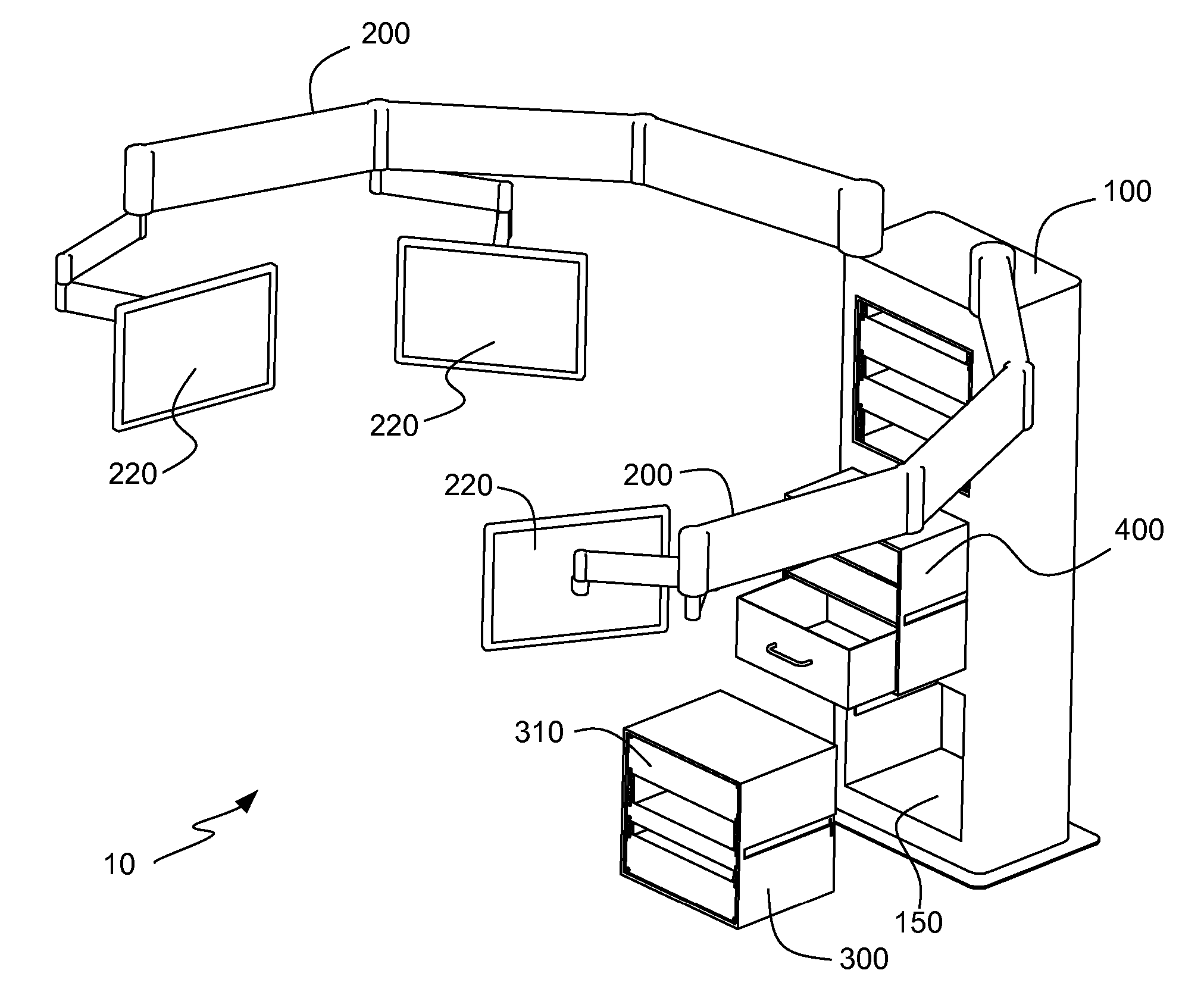 Medical boom with articulated arms and a base with preconfigured removable modular racks used for storing electronic and utility equipment