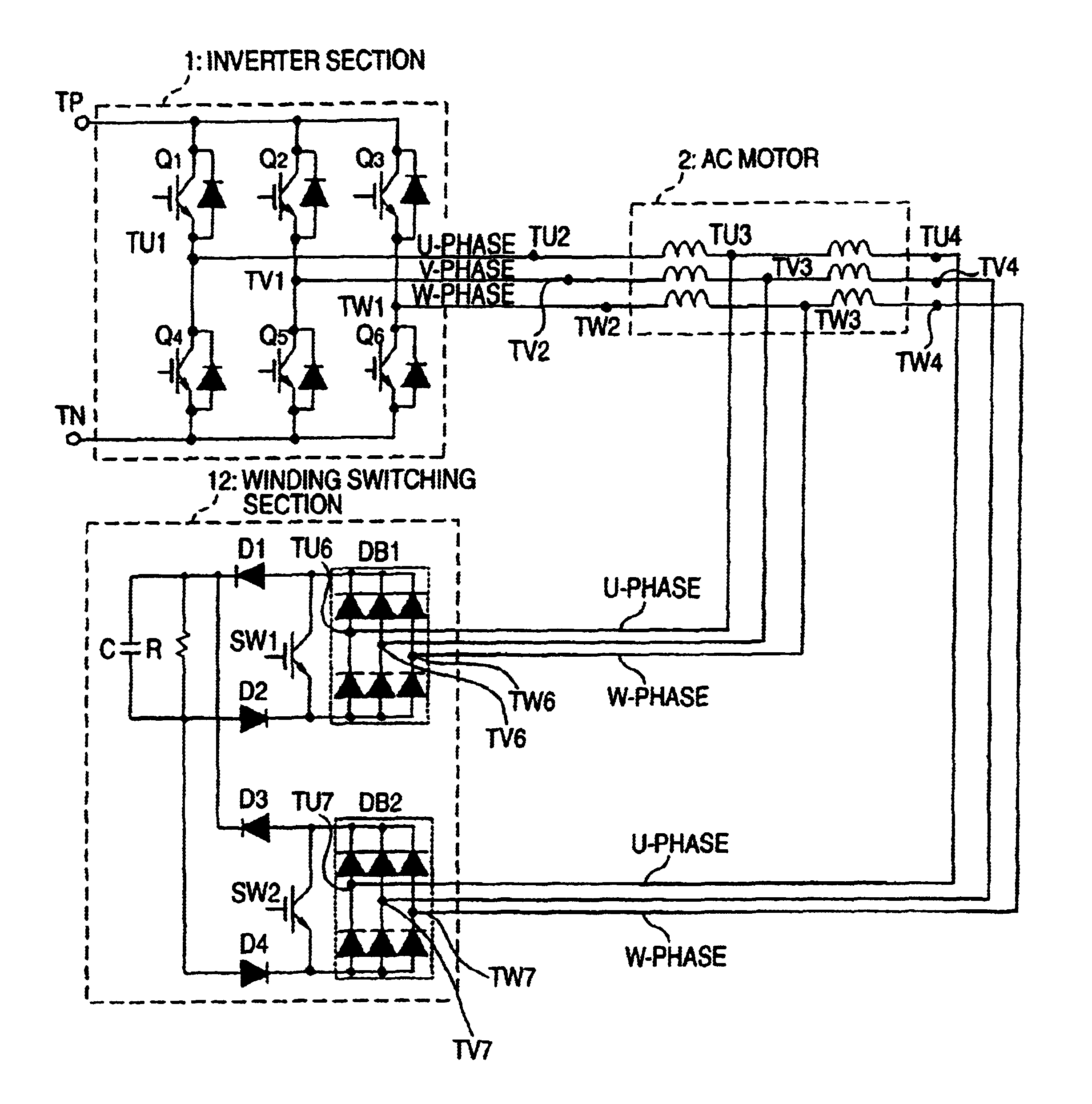 Apparatus for switching windings of AC three-phase motor