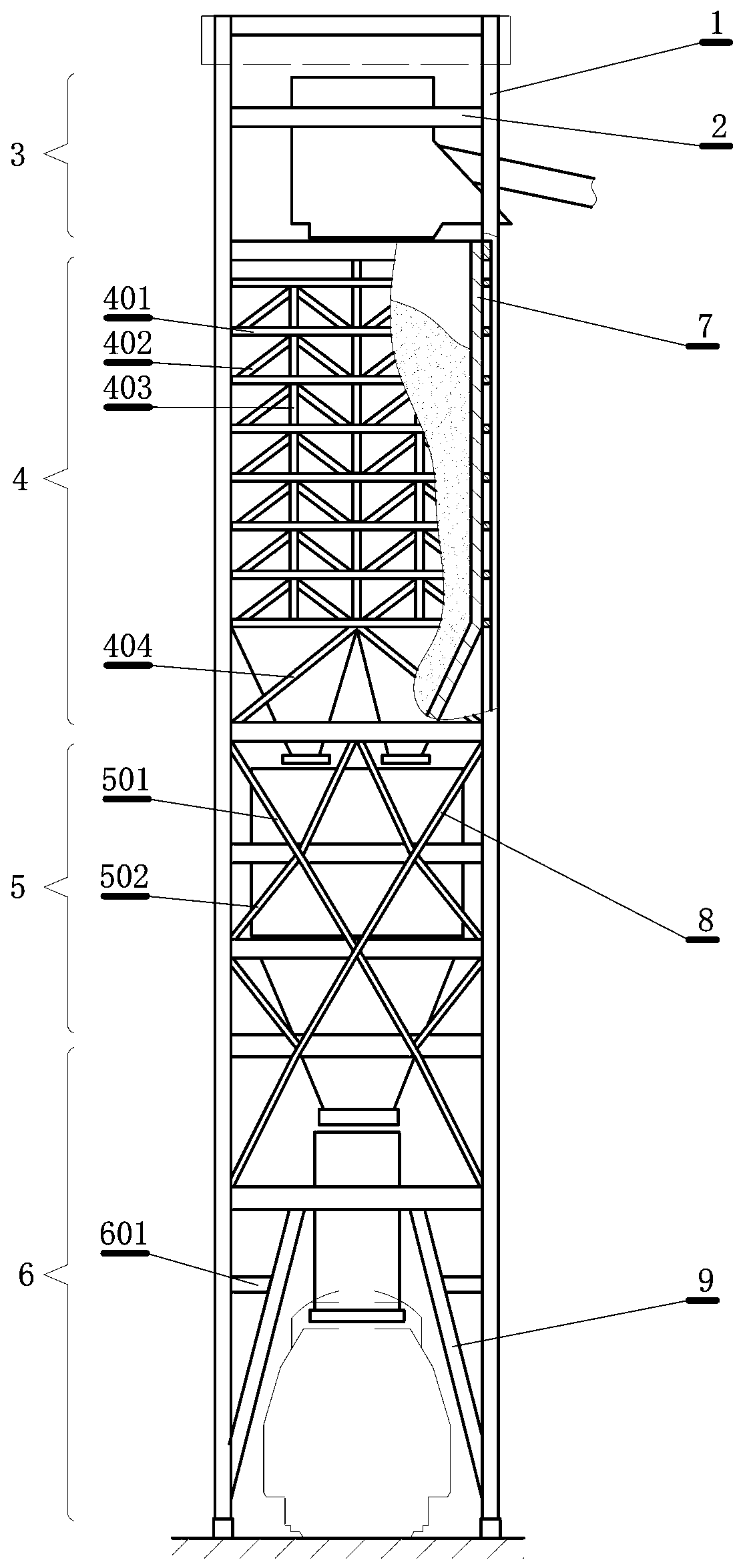 A steel structure frame of a loading station integrated with a warehouse body and a supporting structure