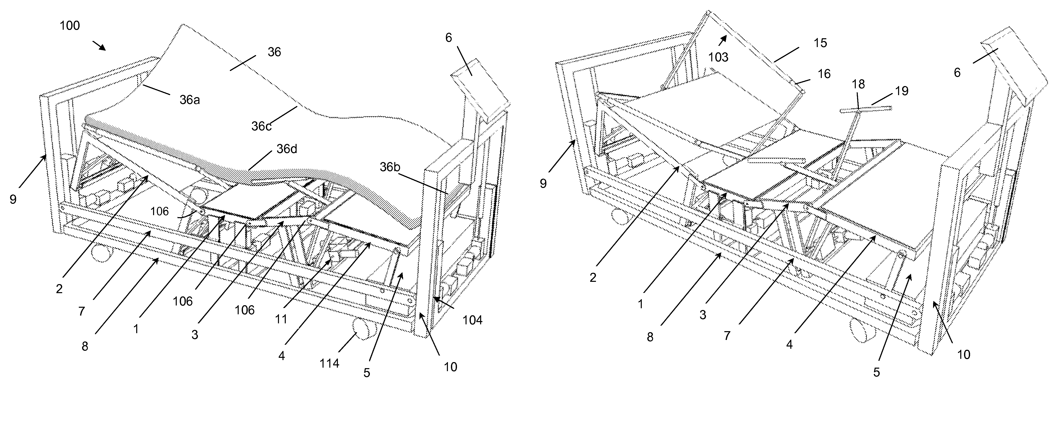 Bed with adjustable patient support framework