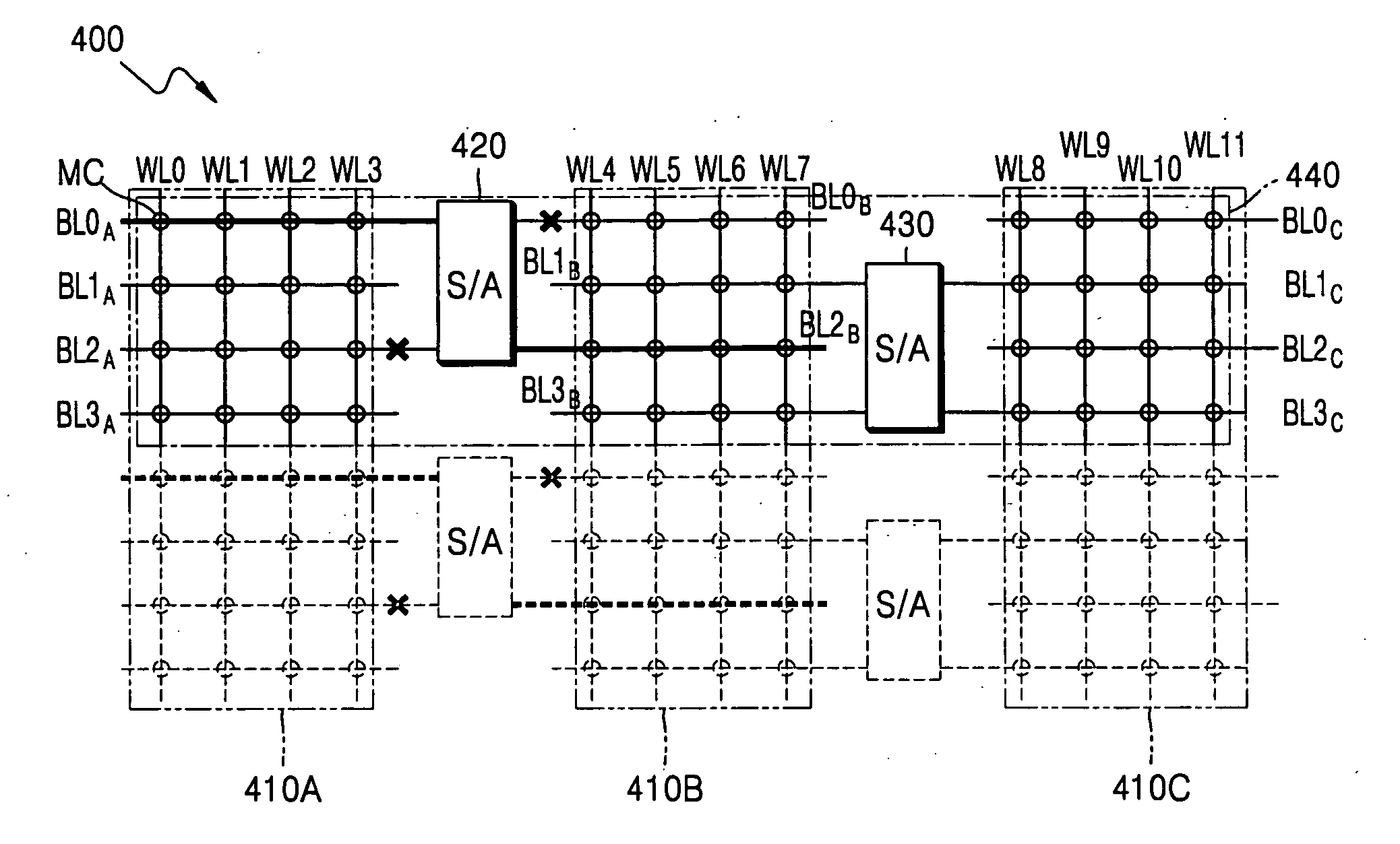 Memory device having shared open bit line sense amplifier architecture