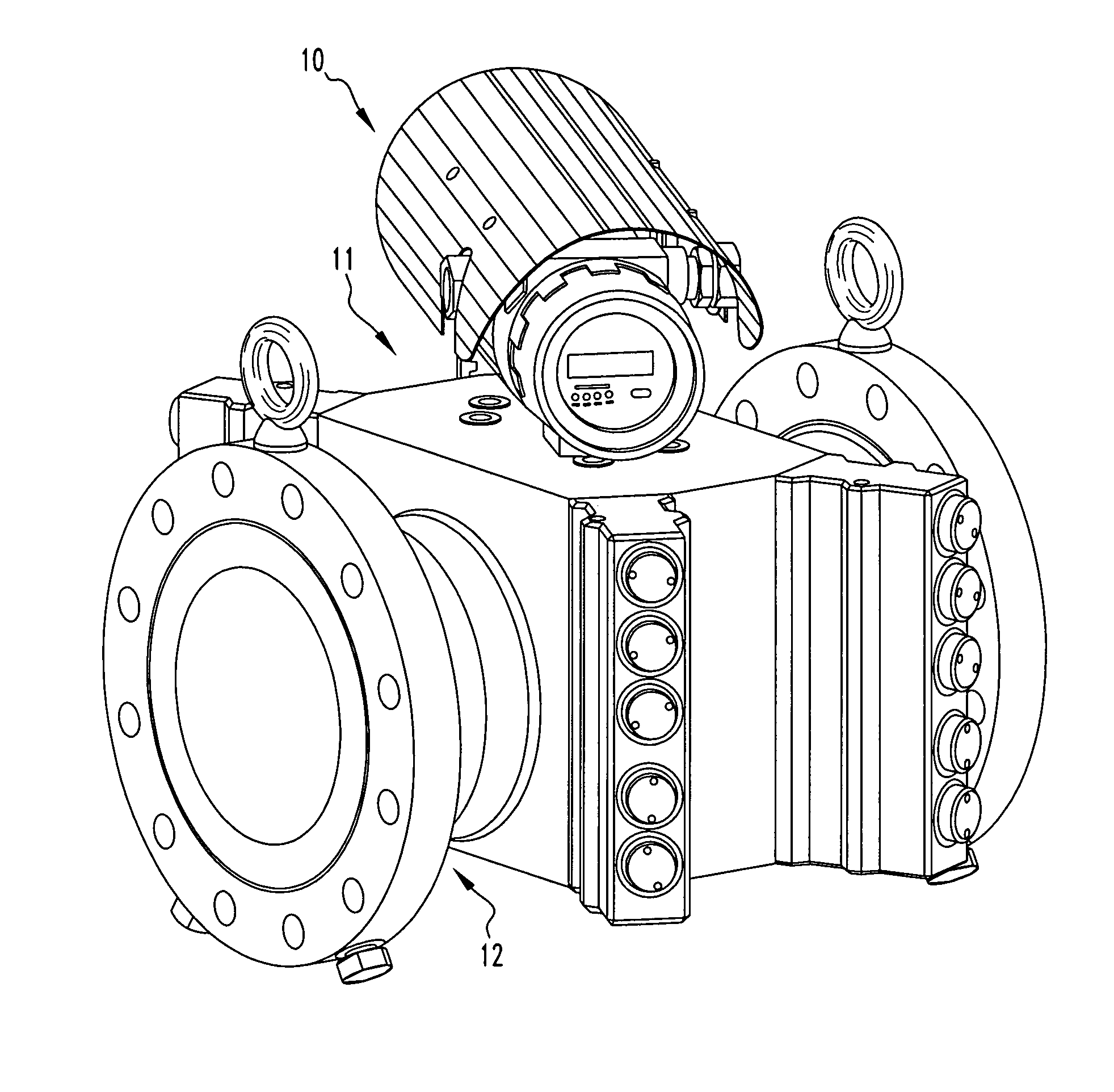 Chordal gas flowmeter with transducers installed outside the pressure boundary