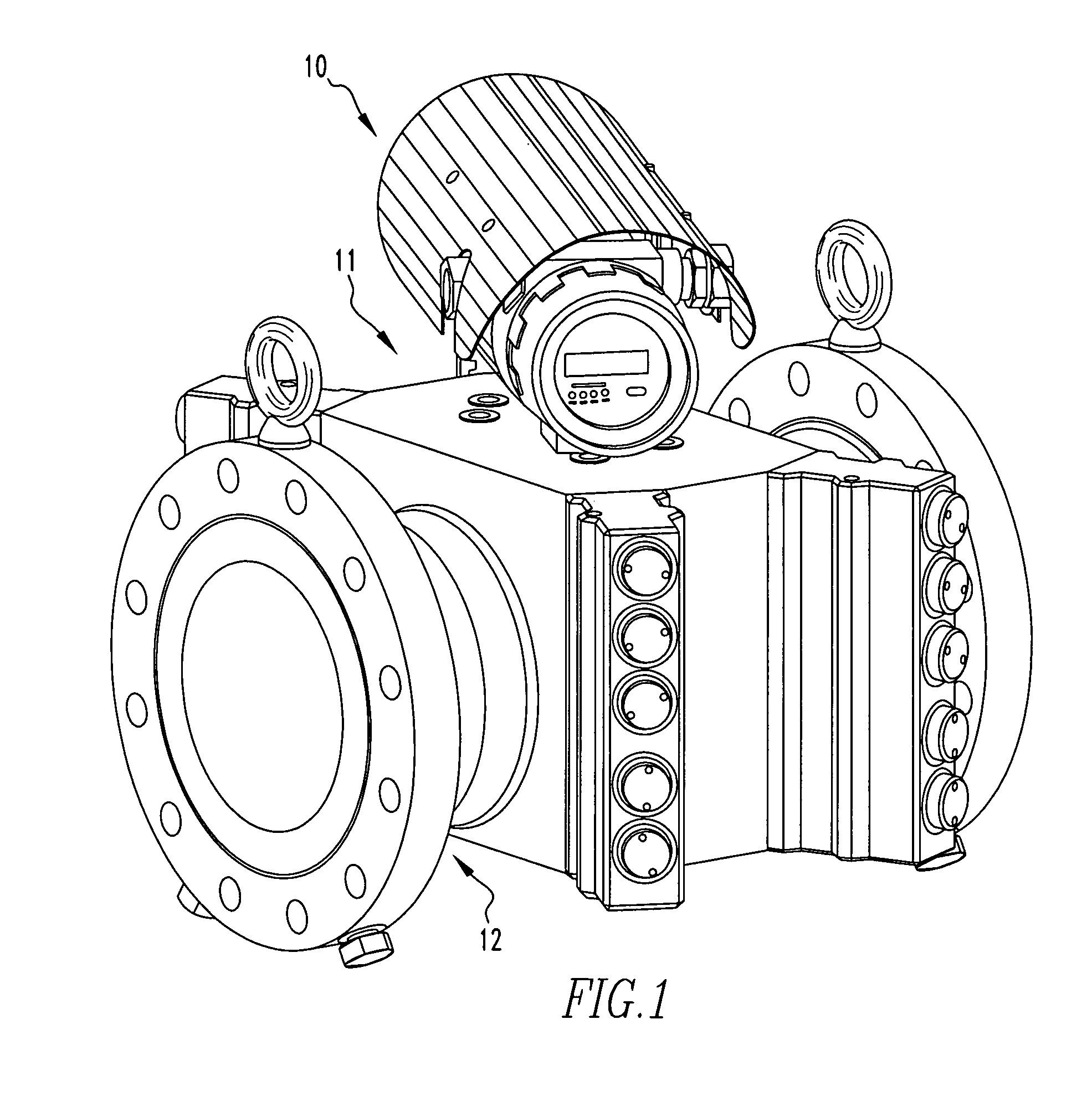 Chordal gas flowmeter with transducers installed outside the pressure boundary